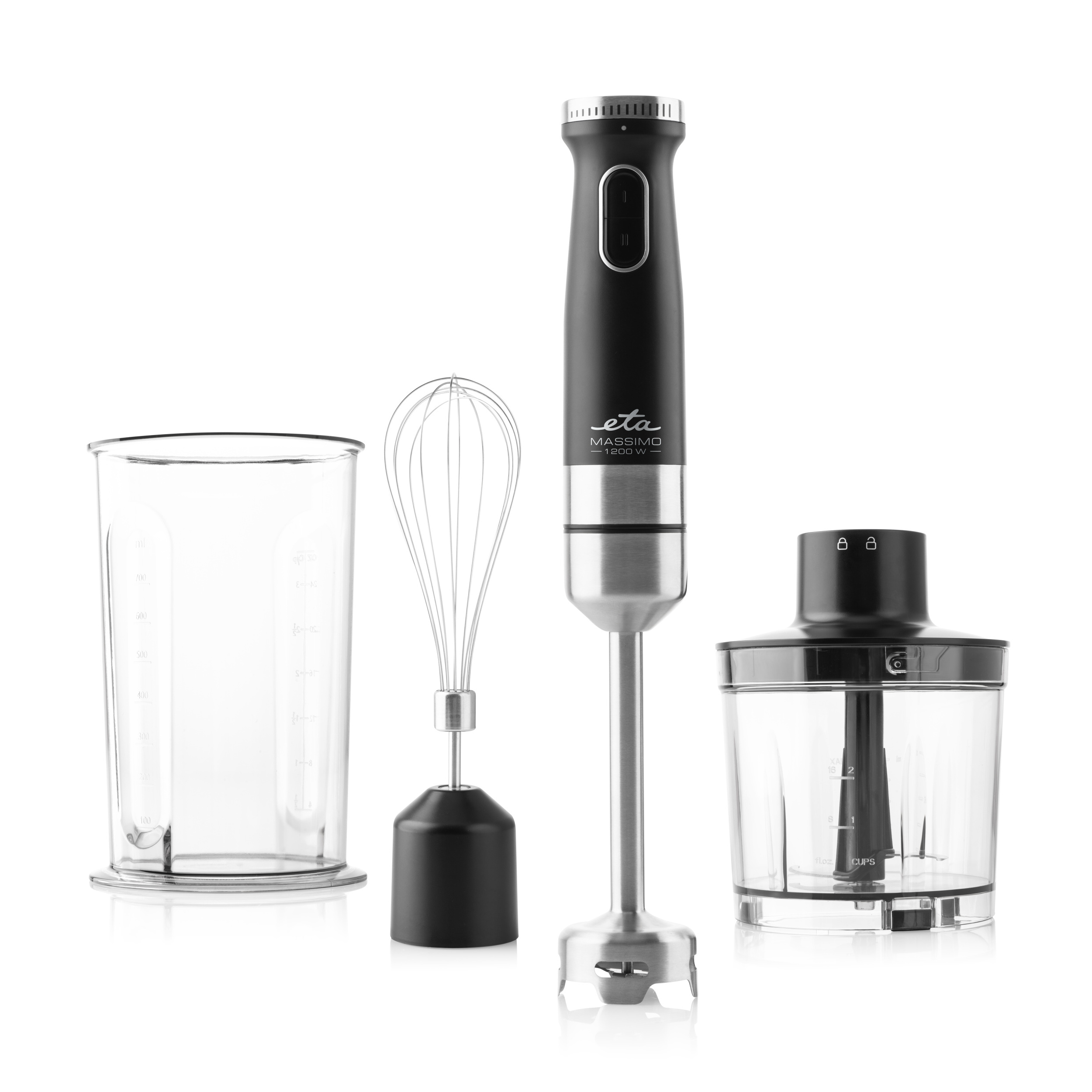 Ein elektrischer Handmixer mit Zubehör. Enthält einen Becher, einen Schneebesen, einen Zerkleinerer und den Mixer selbst.