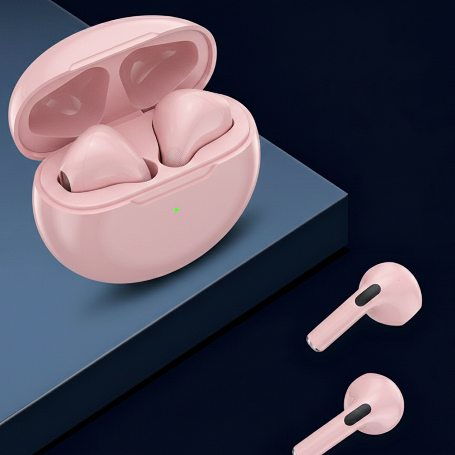 Auricolari wireless rosa e custodia di ricarica su una superficie blu, due auricolari separati su sfondo blu scuro.