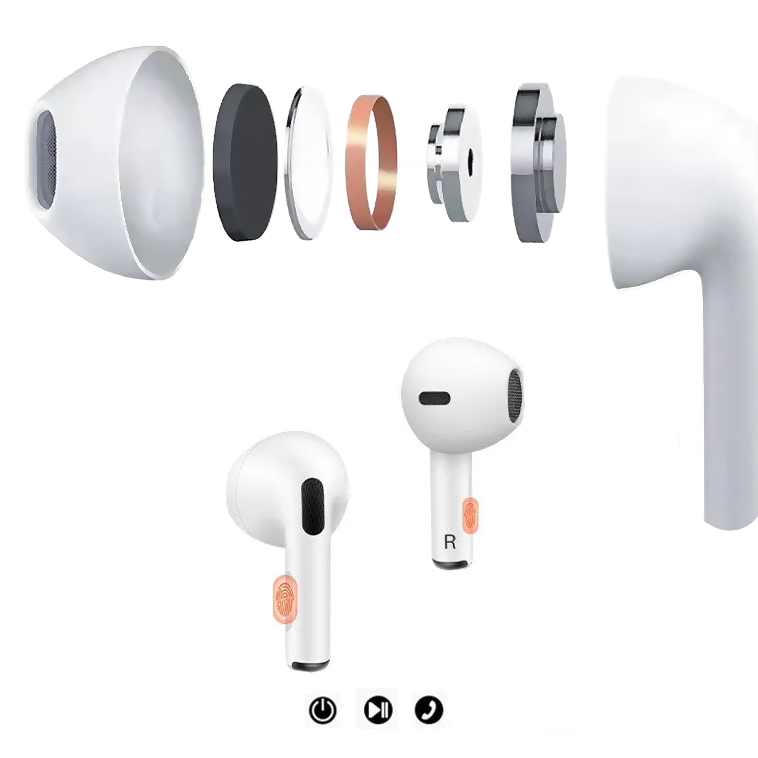 Vista esplosa di auricolari wireless bianchi. I componenti includono altoparlante, batteria e parti interne. Vengono mostrate anche due auricolari assemblati.
