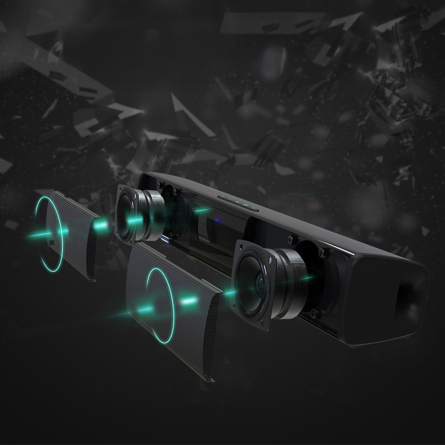 Una soundbar nera con altoparlanti visibili, linee verde neon e uno sfondo scuro con forme frammentate.