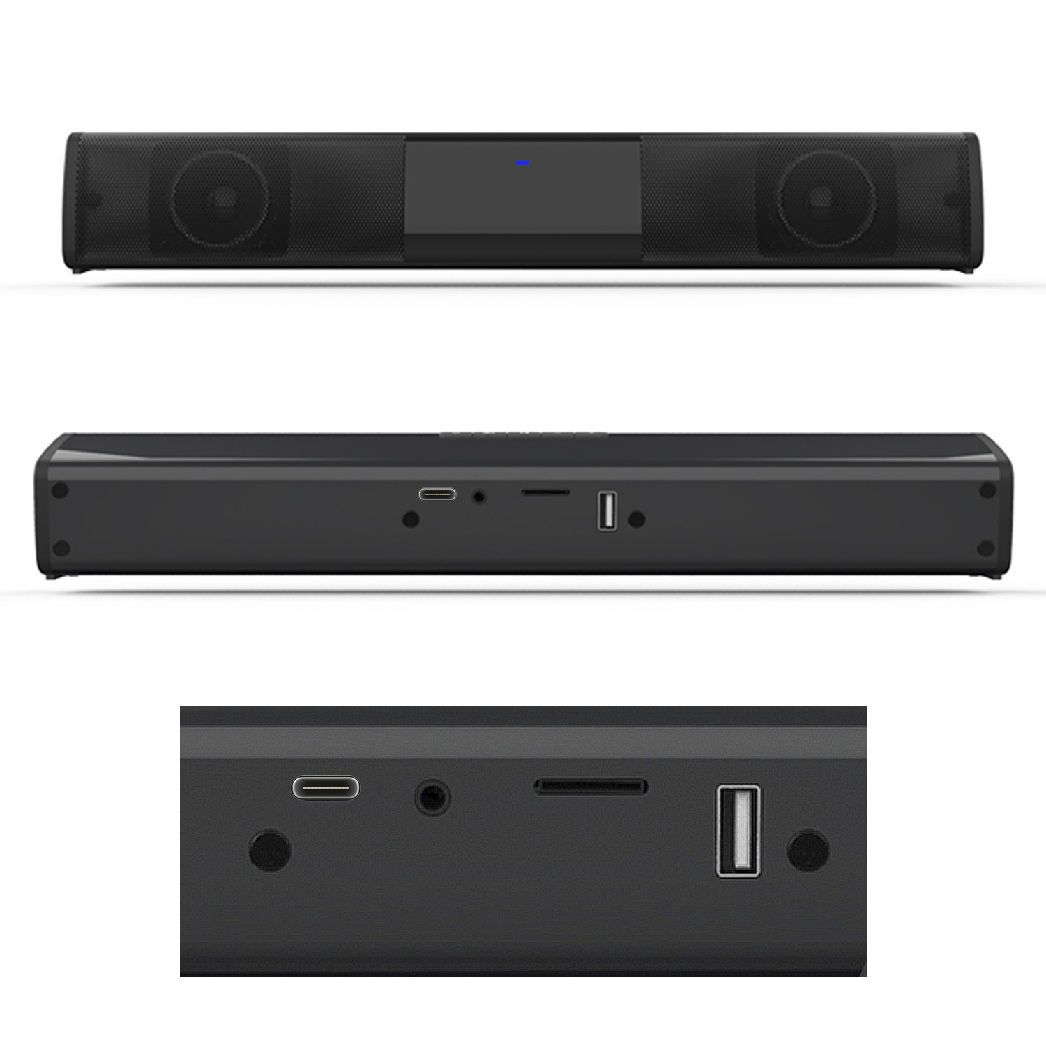 Una soundbar nera con due altoparlanti, un pannello di controllo e porte. La soundbar è su sfondo bianco.