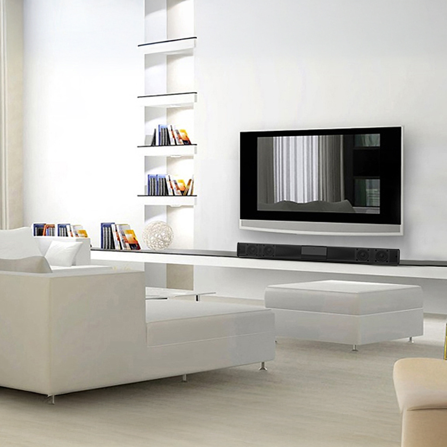 Salón moderno con muebles blancos, TV y estanterías. Un diseño minimalista con un ambiente limpio y luminoso.