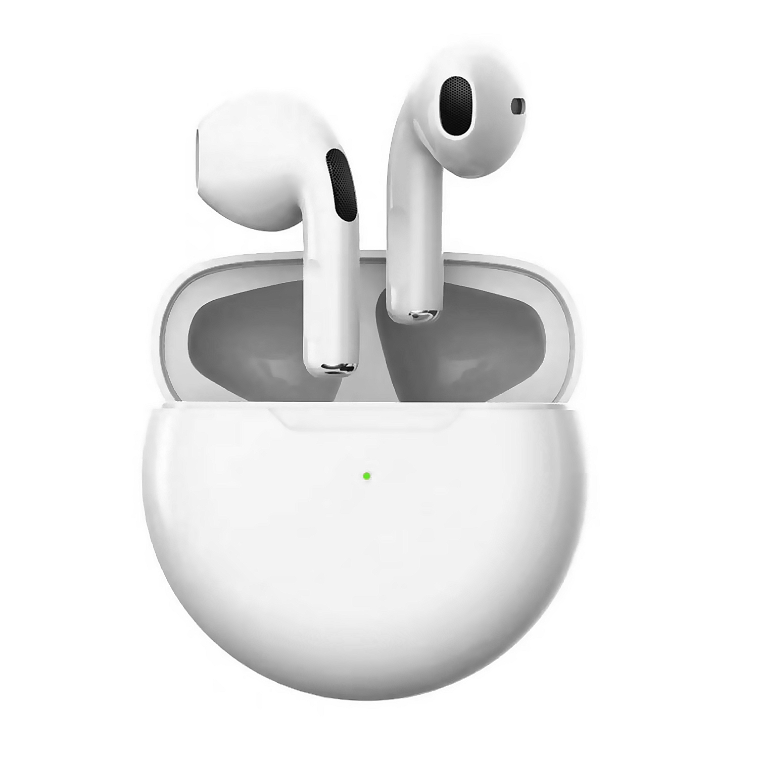 Auricolari wireless bianchi in una custodia di ricarica. La custodia è aperta, mostrando gli auricolari. Una luce verde è sulla custodia.