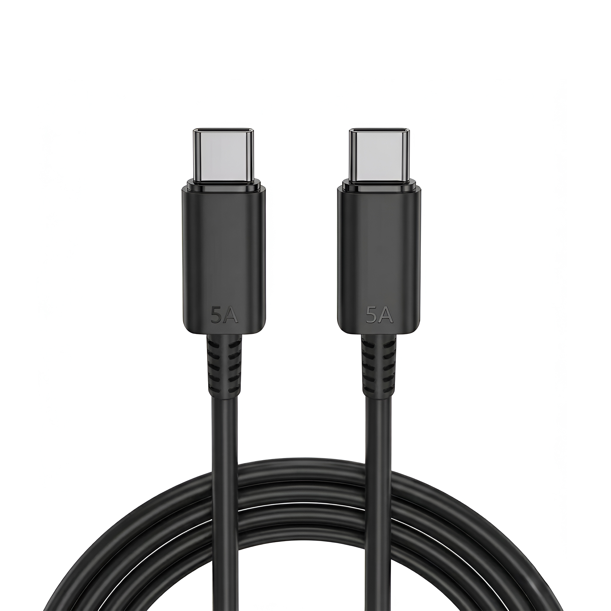 Zwei schwarze USB-C-Kabel mit jeweils einer 5A-Markierung auf weißem Hintergrund. Die Kabel sind gebogen.