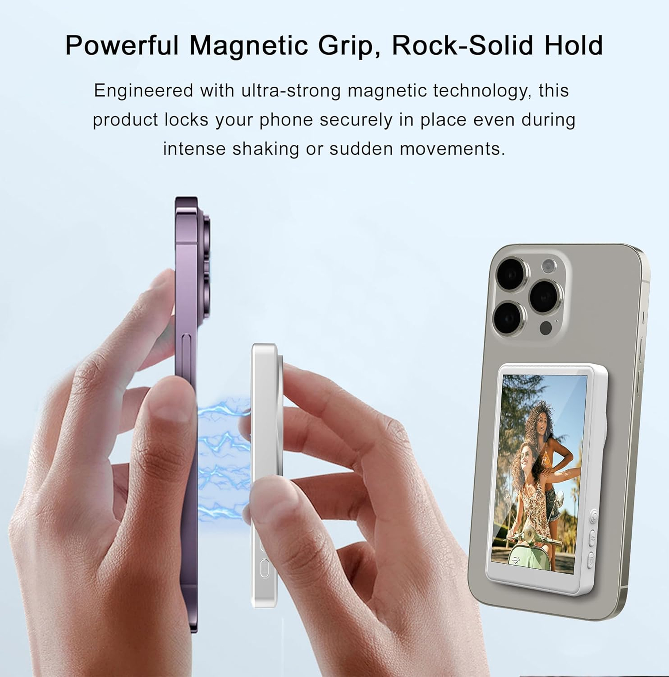 Hände halten ein lila Telefon, einen weißen Magnetgriff und ein Telefon mit Bild auf hellblauem Hintergrund.