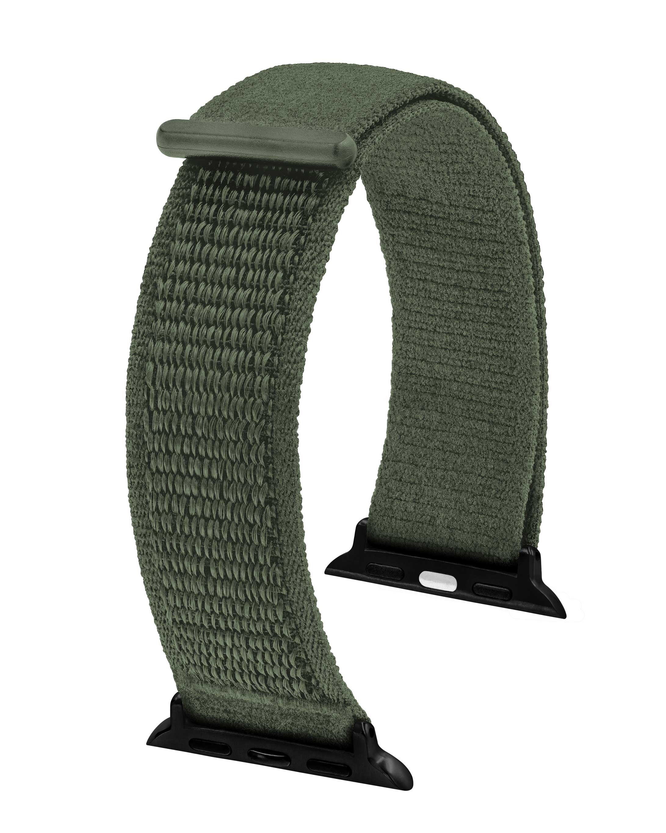 Ein olivgrünes Uhrenarmband mit schwarzem Anschluss. Es ist gebogen und zeigt die Innen- und Außenseite.