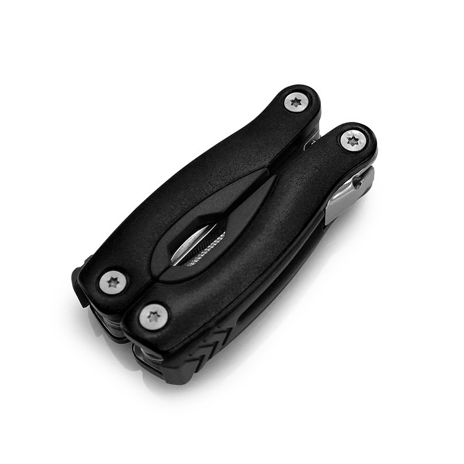 Un multiutensile nero chiuso è appoggiato su una superficie bianca. Ha una pinza e altri attrezzi. L'utensile è chiuso con viti.