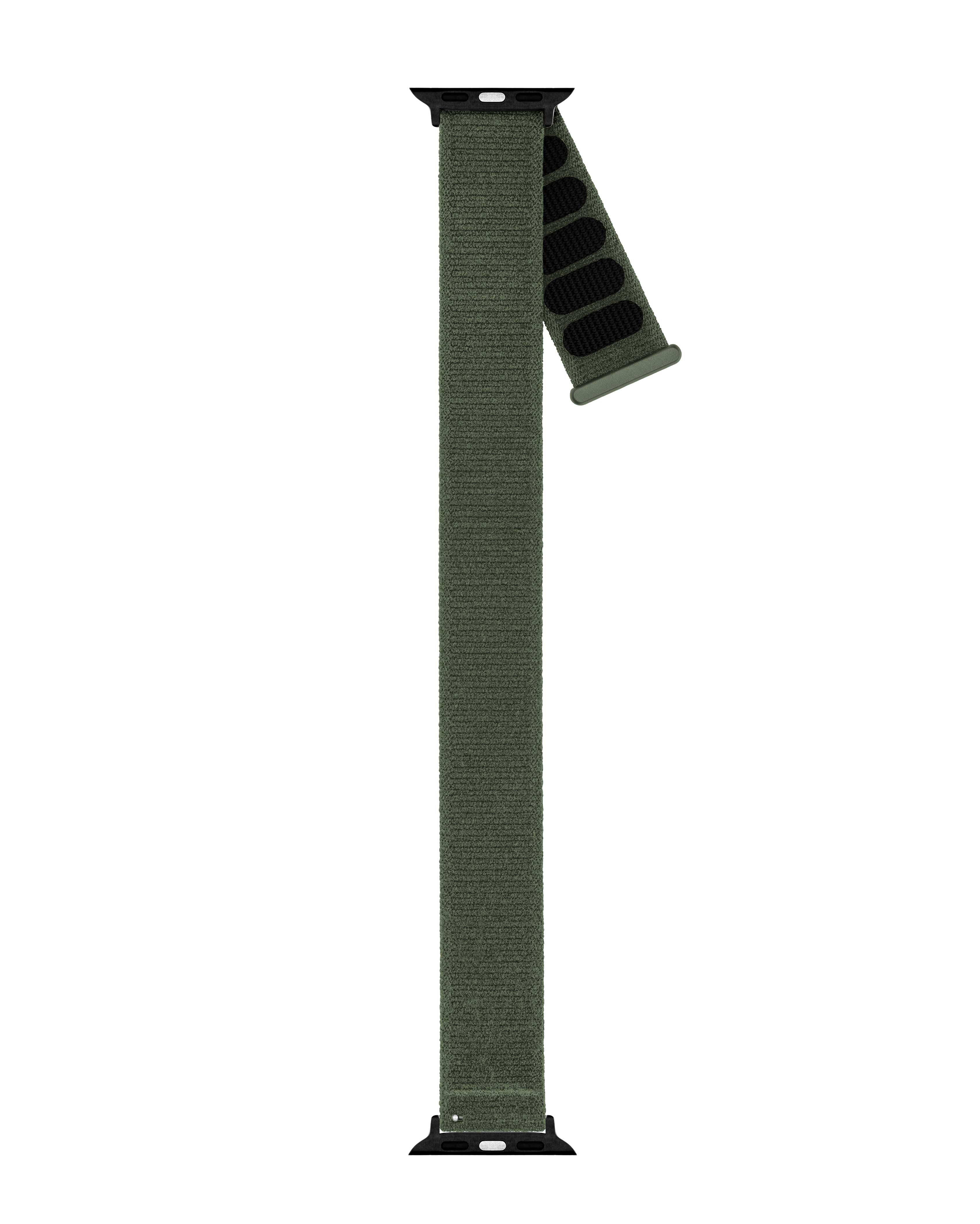 Ein olivgrünes Apple Watch-Armband. Das Band besteht aus gewebtem Material. Der Hintergrund ist weiß.