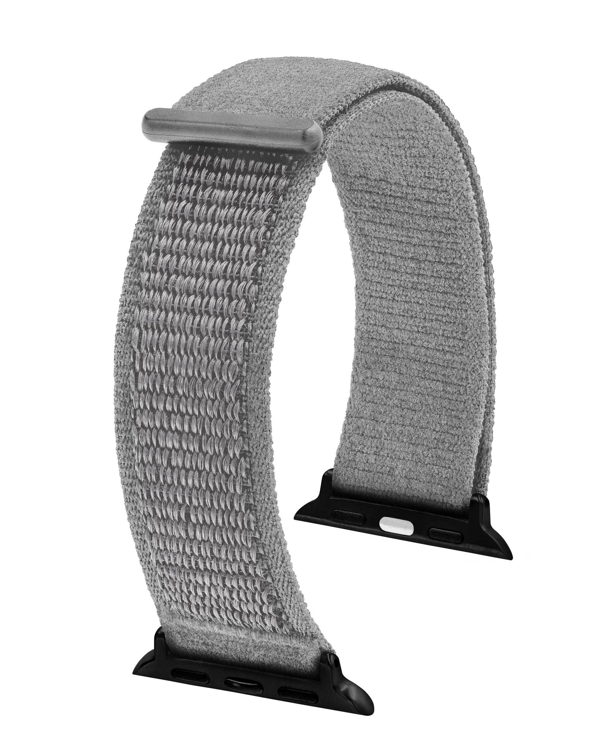 Graues Apple Watch-Armband aus gewebtem Material vor weißem Hintergrund. Schwarze Anschlüsse sind sichtbar.