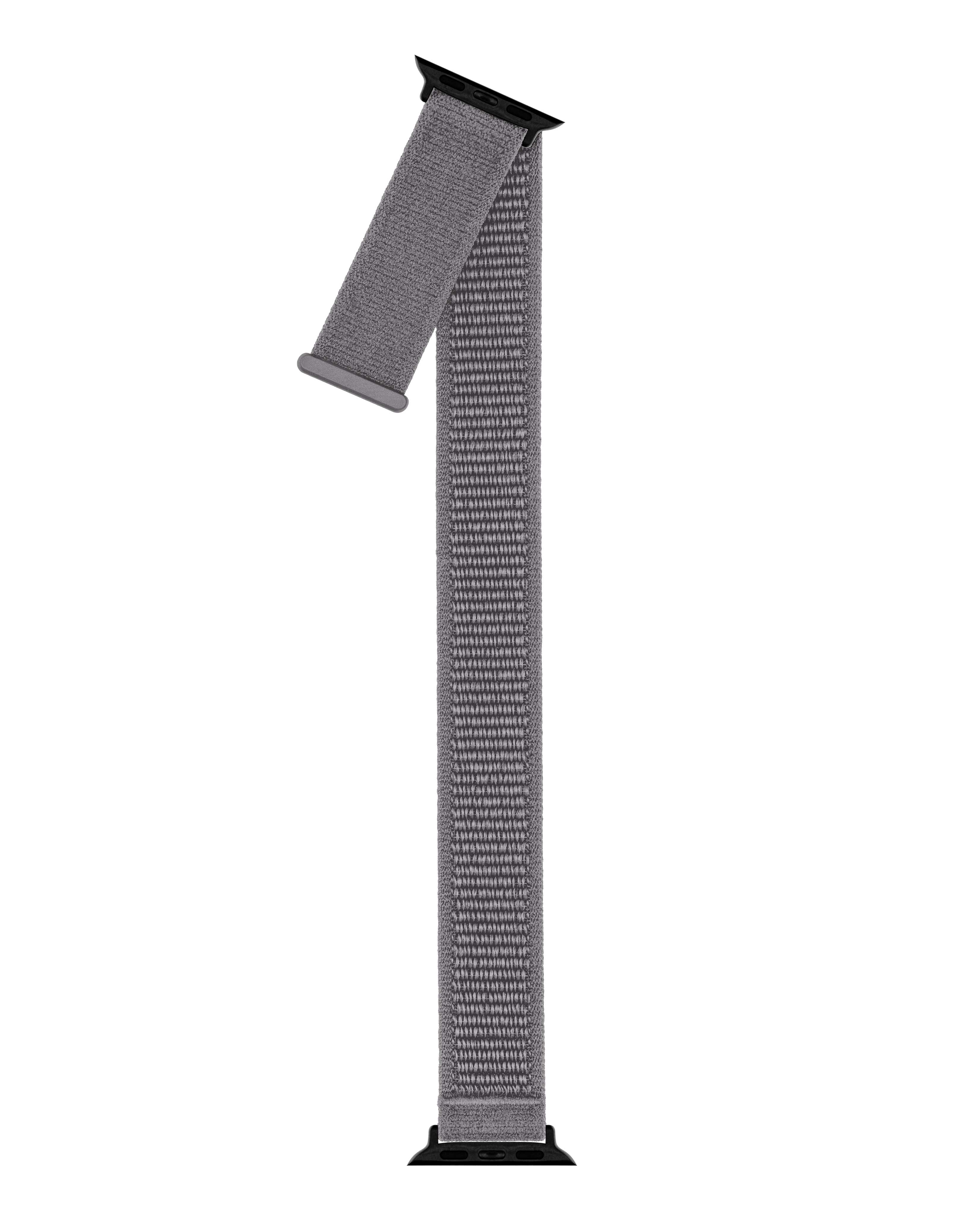 Ein graues Apple Watch-Armband. Es besteht aus gewebtem Material und hat schwarze Anschlüsse.