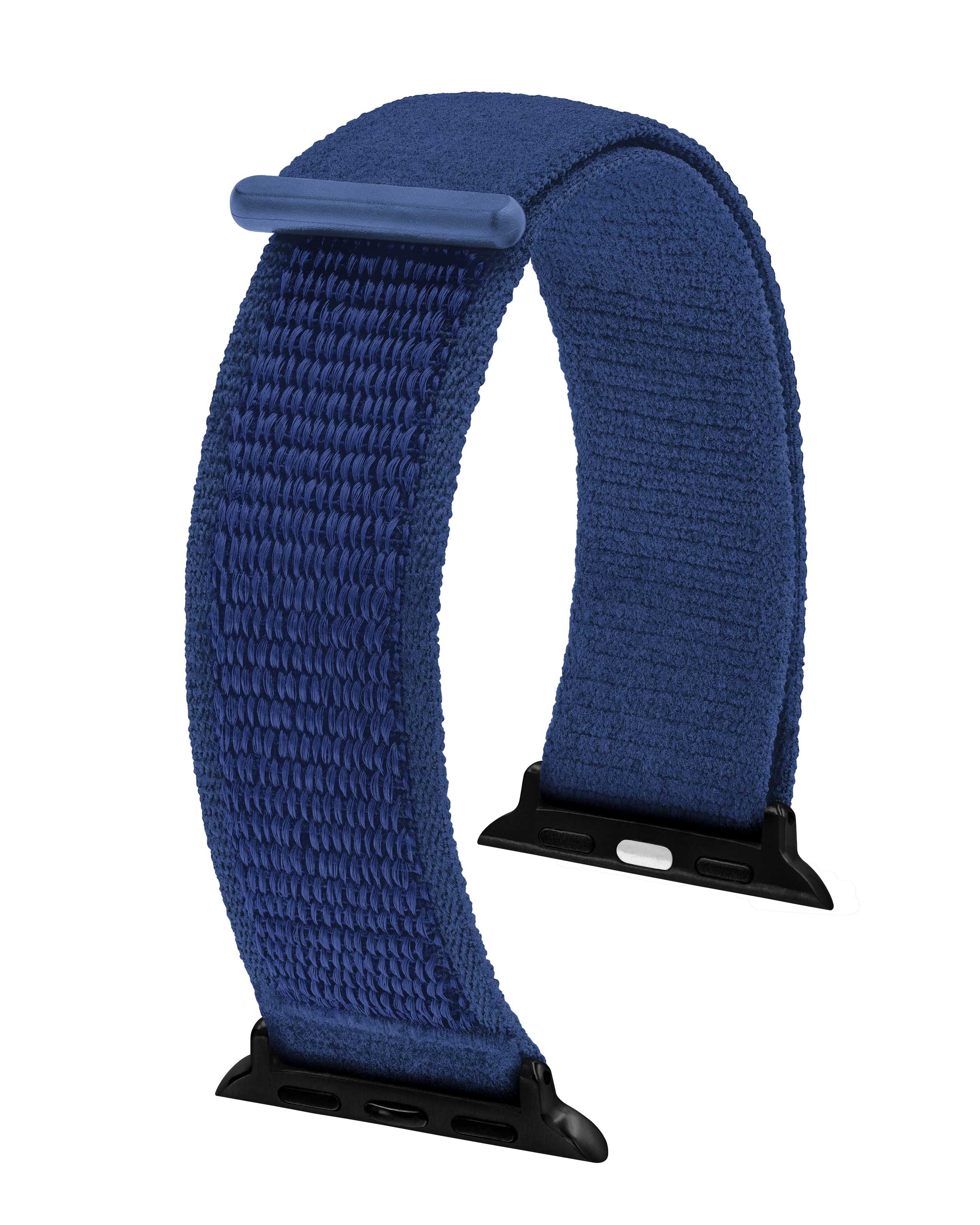 Ein blaues Apple Watch-Armband wird gezeigt. Es besteht aus gewebtem Stoff mit schwarzen Verbindern.