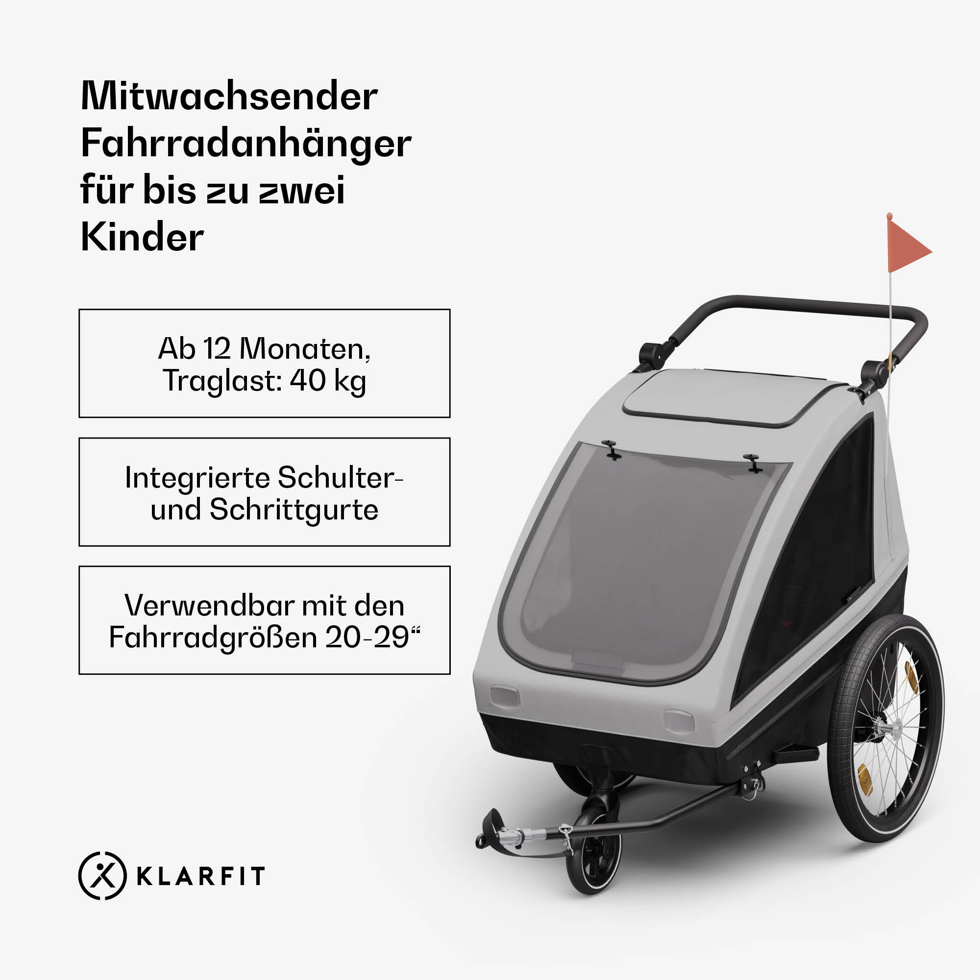 Grauer und schwarzer Fahrradanhänger mit roter Flagge. Text: für zwei Kinder, ab 12 Monaten, 40 kg Belastung, Schultergurte.