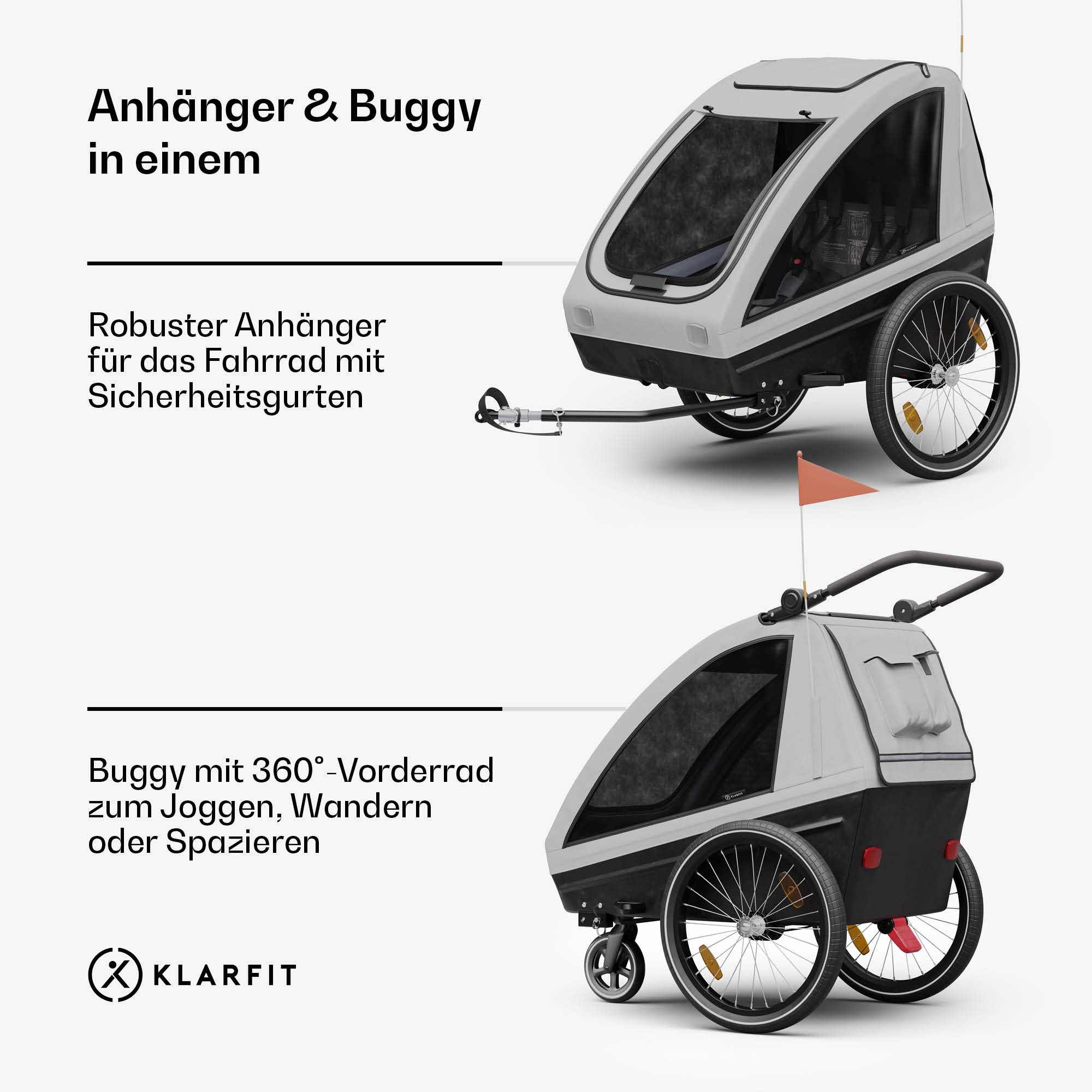 Das Bild zeigt einen Fahrradanhänger und einen Buggy in einem. Der Anhänger ist grau und schwarz mit zwei Rädern. Er hat eine Flagge.