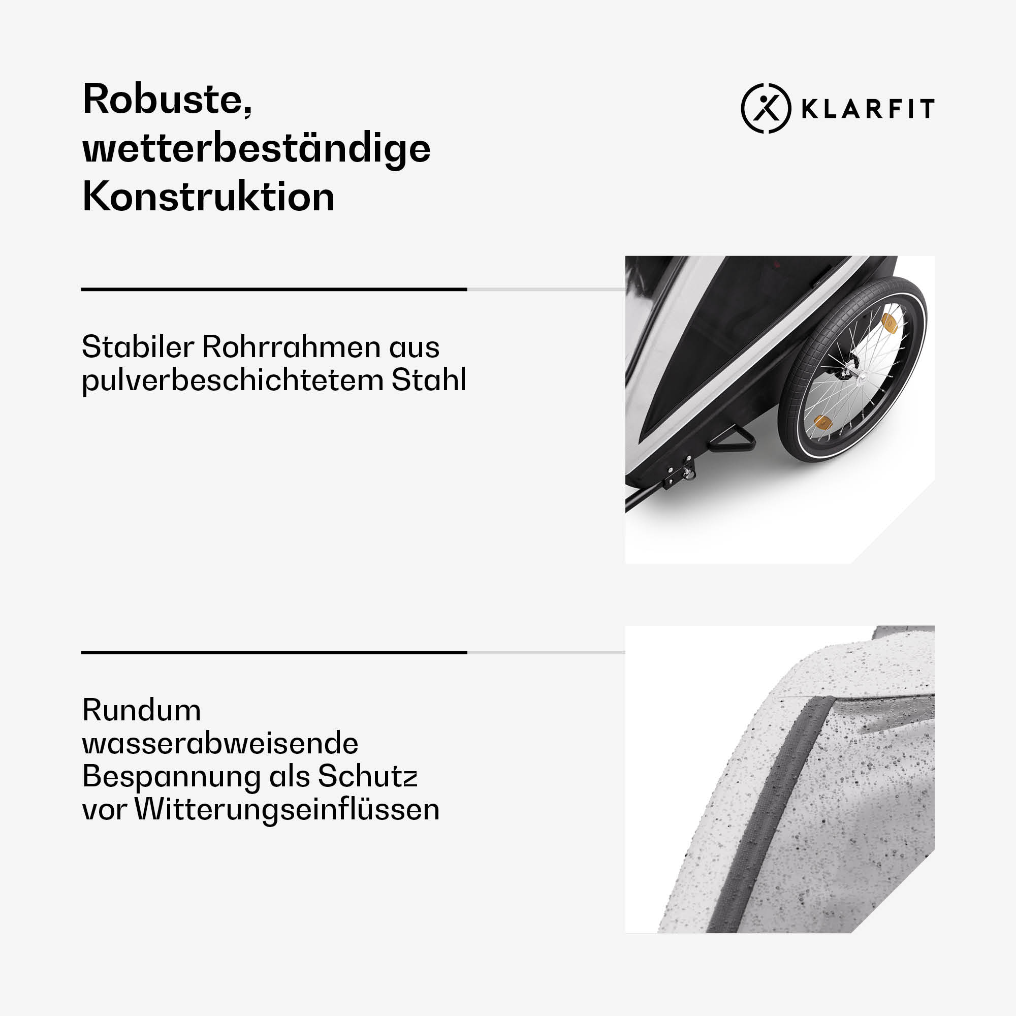 Das Bild zeigt einen Fahrradanhänger mit Text, der seine Eigenschaften beschreibt, einschließlich eines stabilen Rahmens und wetterfestem Material.
