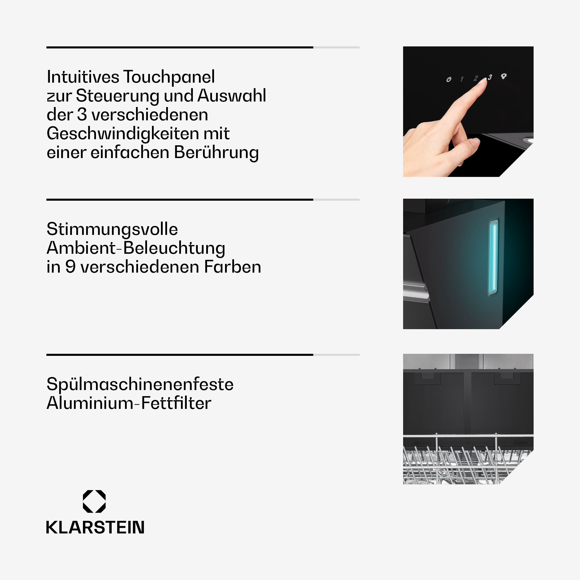 Das Bild zeigt ein schwarzes Touchpanel, auf dem ein Finger die Nummer 3 berührt. Text beschreibt Produktmerkmale.