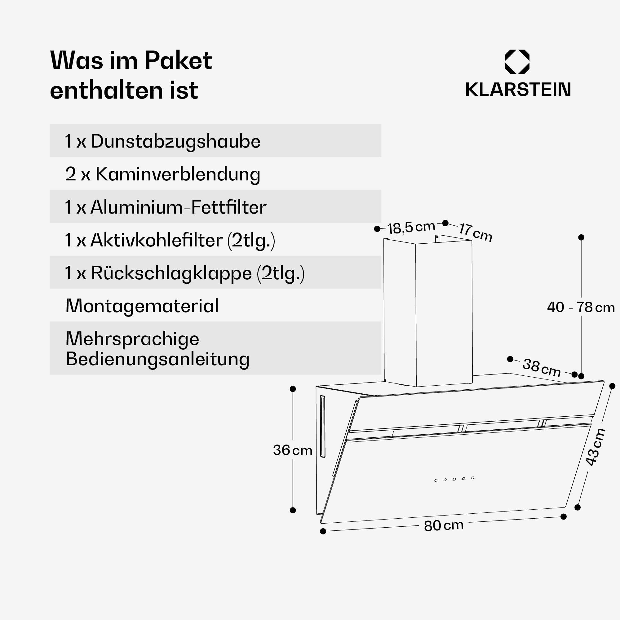 Diagramm einer Klarstein-Dunstabzugshaube mit Maßen und enthaltenen Teilen in deutscher Sprache.