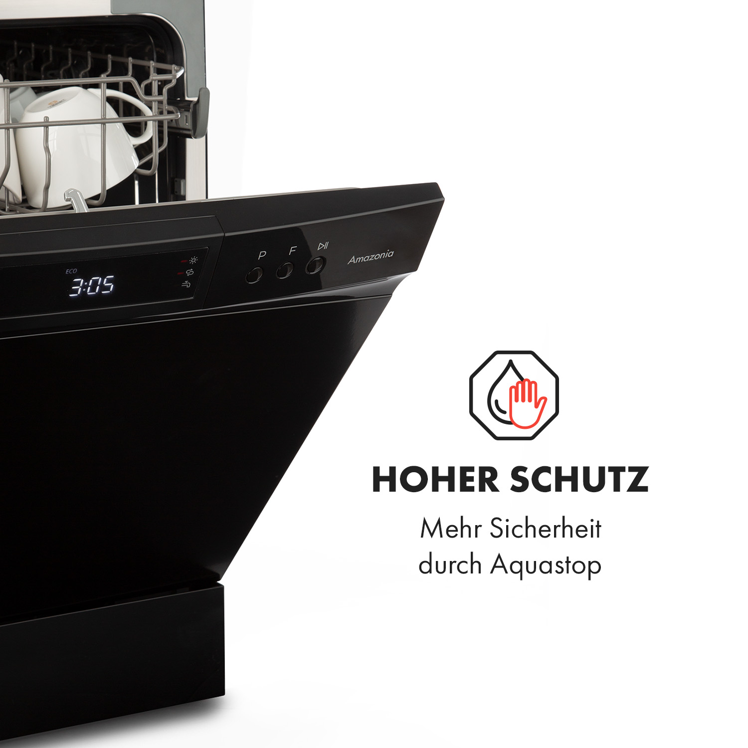 Una lavastoviglie nera con porta aperta. All'interno ci sono tazze bianche. Il pannello mostra un timer. Testo: Hoher Schutz, Mehr Sicherheit durch Aquastop.