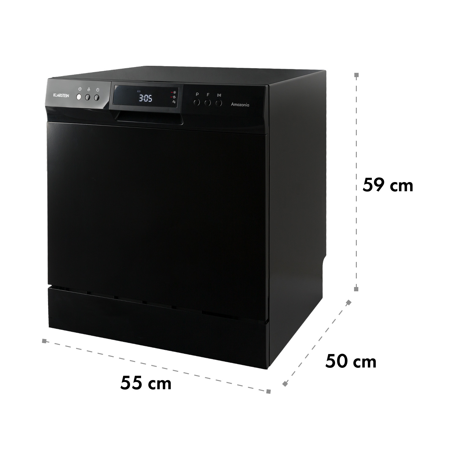 Una lavastoviglie nera con display digitale che mostra 3:05, dimensioni 55cm x 50cm x 59cm. Il marchio è Klarstein Amazonia.