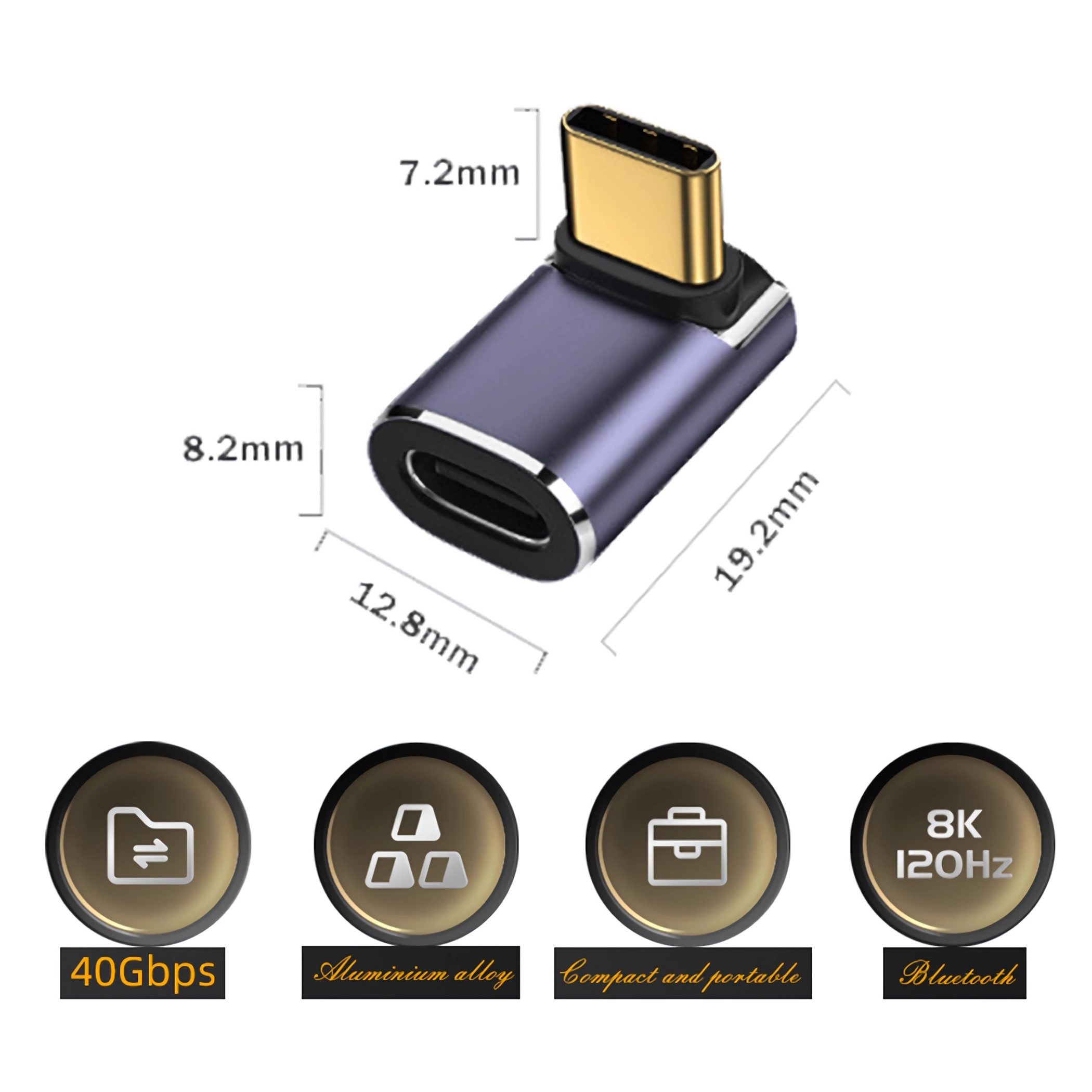 Ein USB-C-Adapter mit Abmessungen. Zu den Funktionen gehören 40 Gbit/s, Aluminiumlegierung, kompakt, tragbar und Bluetooth.