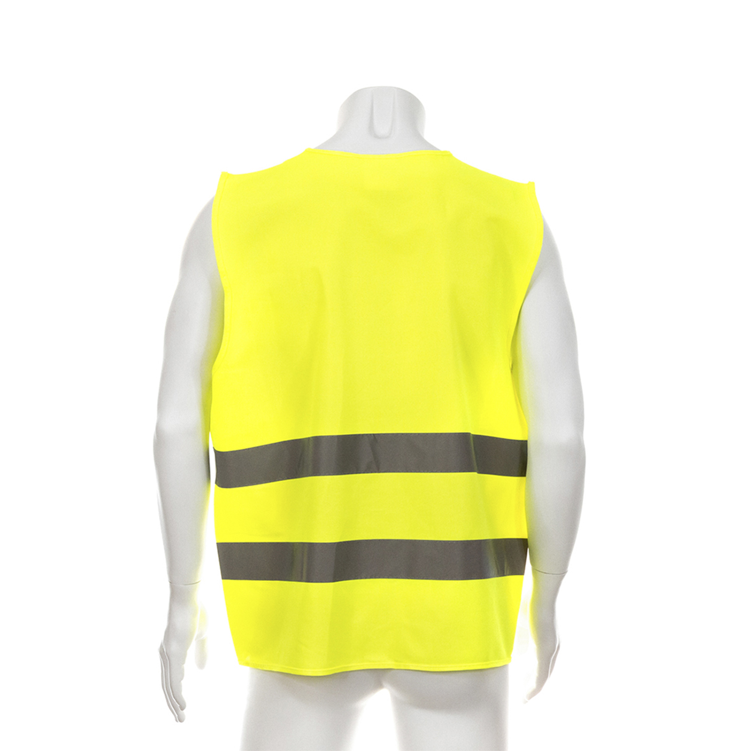 Un chaleco de seguridad amarillo con dos rayas reflectantes grises, exhibido en un maniquí. El fondo es blanco.