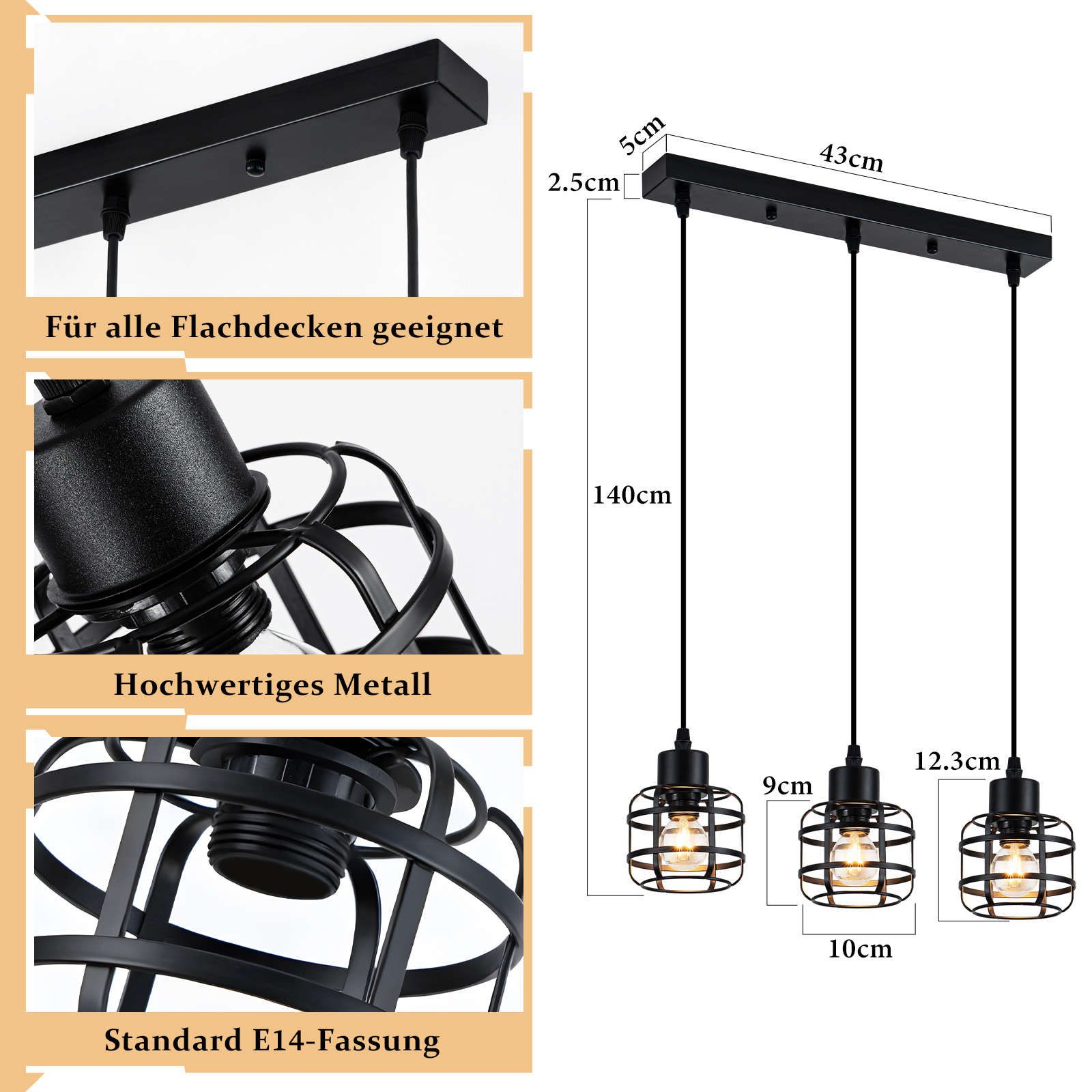 Lámpara de techo negra con tres luces. Se muestran las dimensiones. Texto en alemán: Adecuado para todos los techos planos, metal de alta calidad.