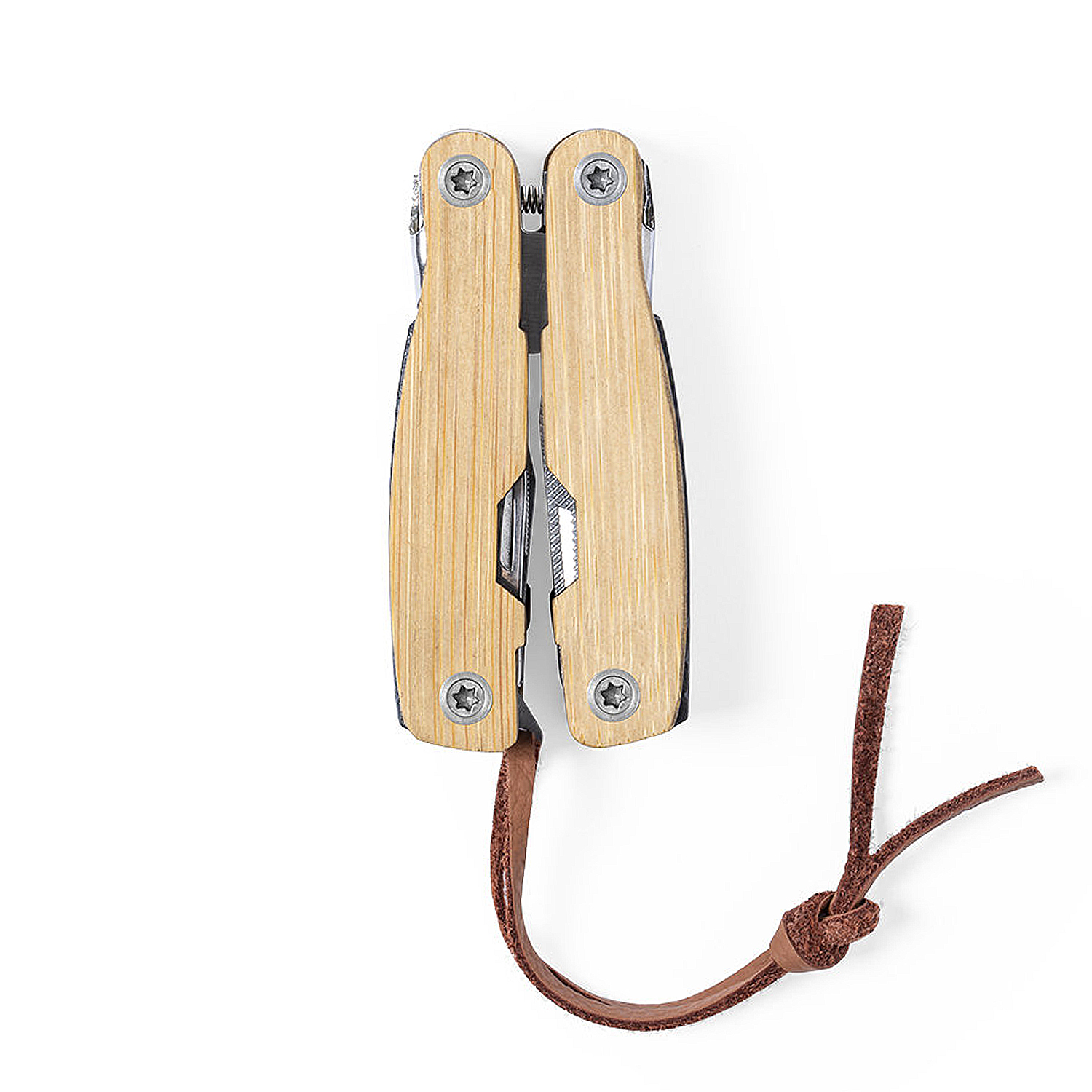 Ein geschlossenes Multitool mit Holzgriffen auf weißem Hintergrund. Ein brauner Lederriemen ist befestigt.