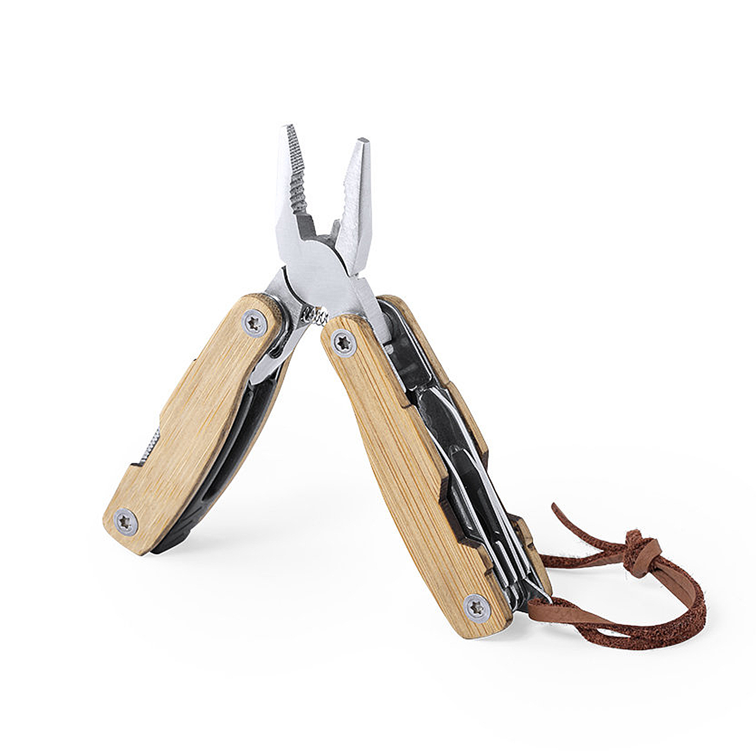 Ein Multitool mit Holzgriffen ist geöffnet und zeigt eine Zange und andere Werkzeuge. Ein brauner Lederriemen ist befestigt.