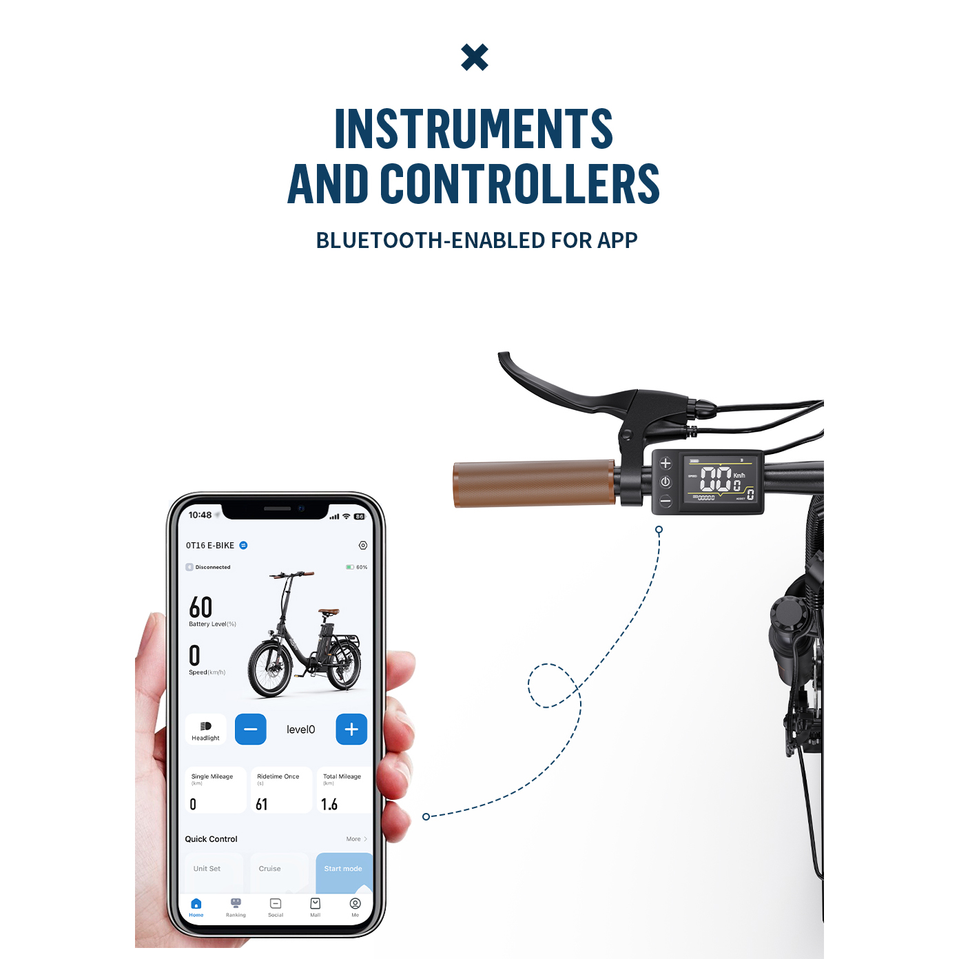 Ein Smartphone zeigt eine E-Bike-App. Der Lenker und die Bedienelemente des E-Bikes sind sichtbar. Text: Instrumente und Controller, Bluetooth-fähig.