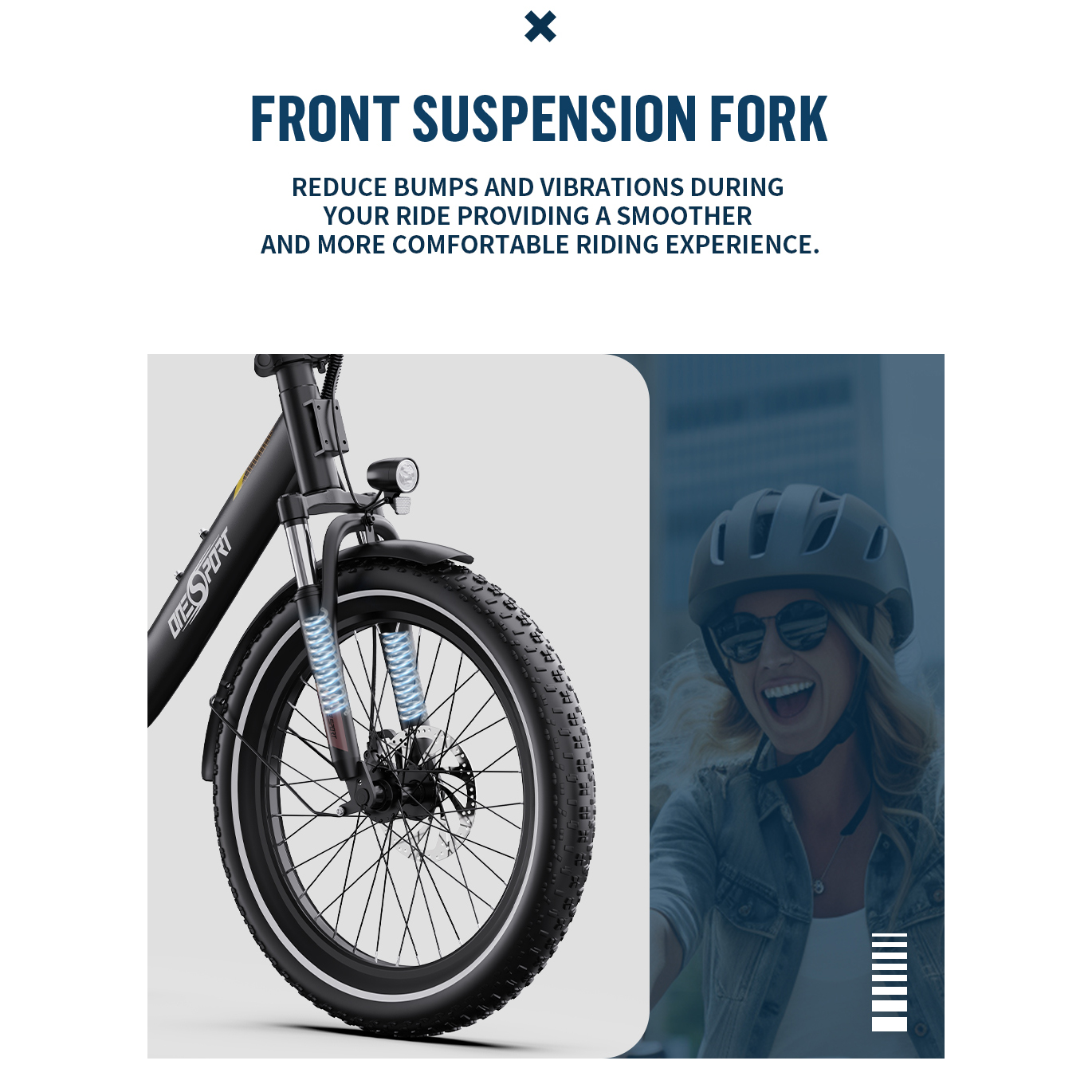 Fahrrad-Vorderradgabel und lächelnde Frau mit Helm und Sonnenbrille vor einem Gebäude.