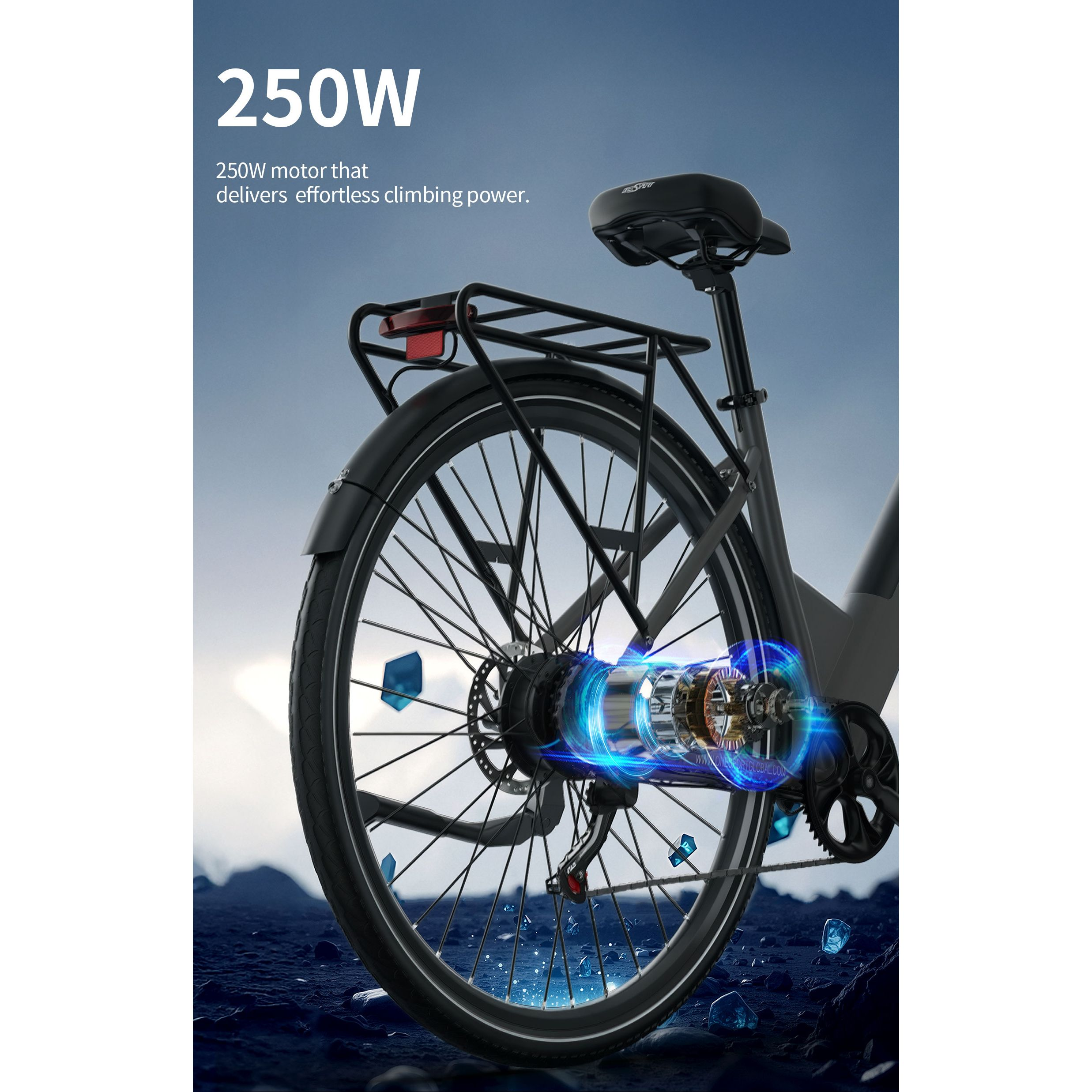 Widoczne jest tylne koło i silnik roweru. Tło ma niebieski odcień, a rower ma bagażnik.