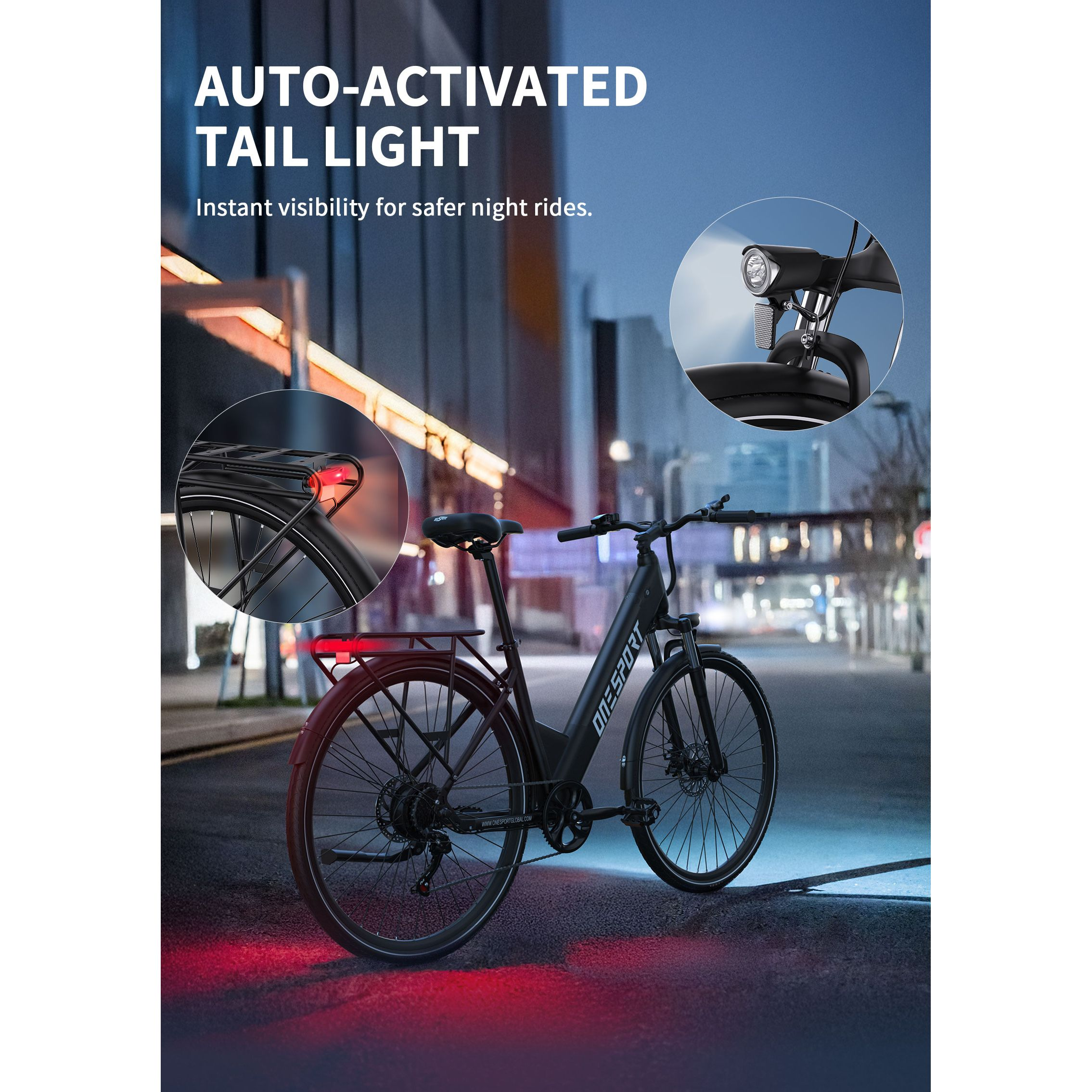 Czarny rower elektryczny ze światłami na miejskiej ulicy w nocy. Rower ma czerwone światła tylne i przedni reflektor.