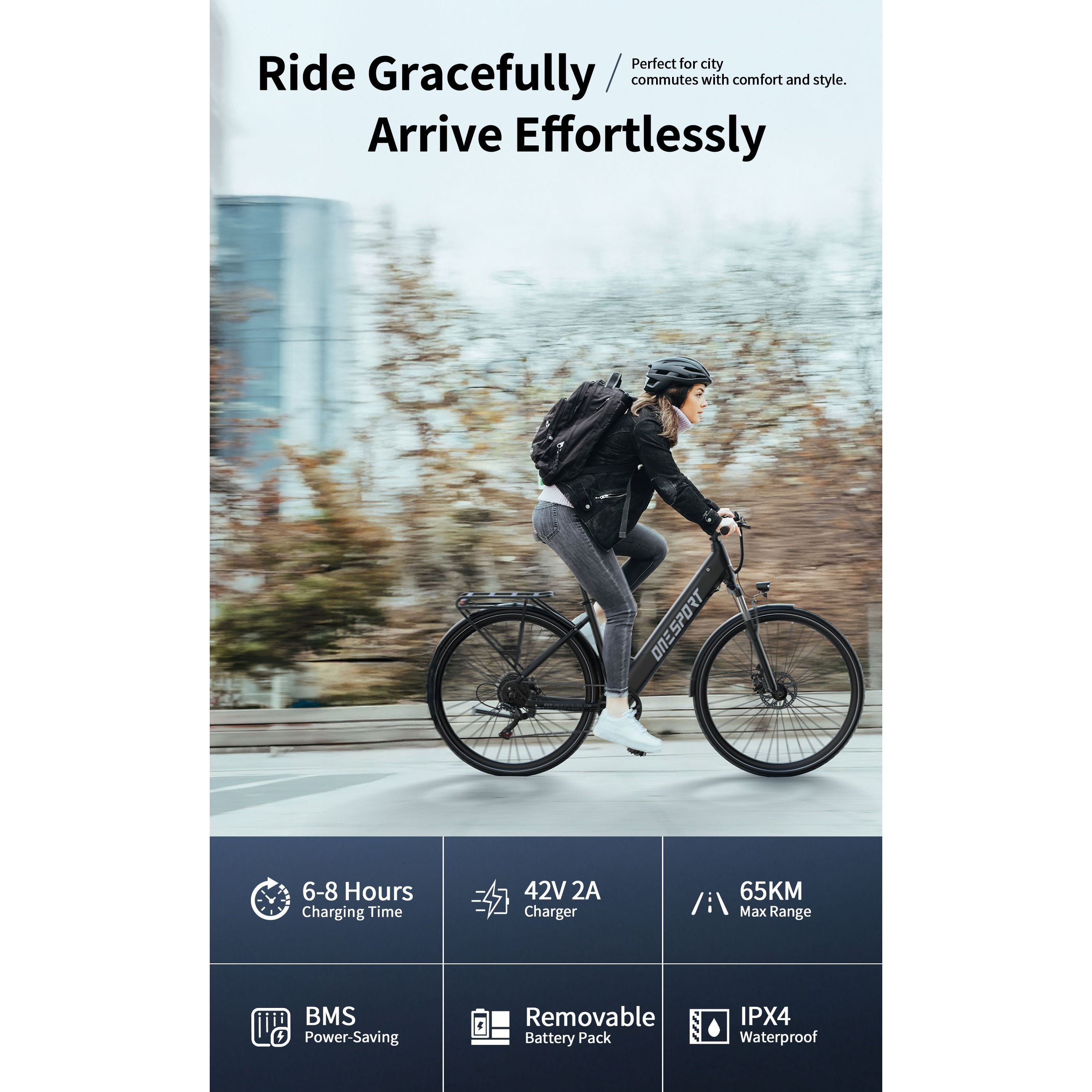 Kobieta na rowerze elektrycznym. Czarny rower, kask i plecak. Tekst: Jedź z wdziękiem, przybywaj bez wysiłku.