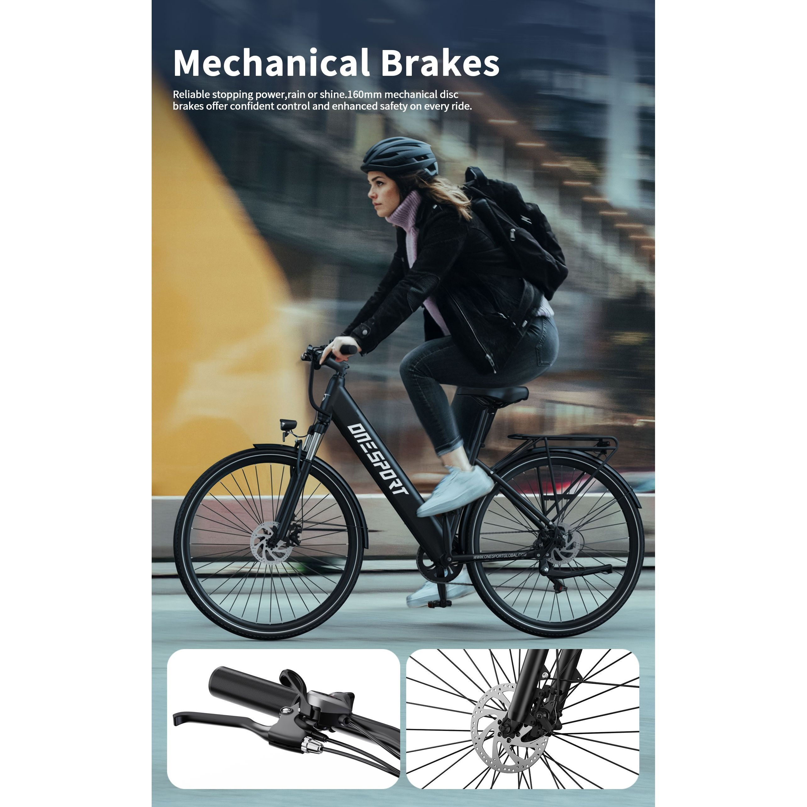 Kobieta jedzie na czarnym rowerze z hamulcami mechanicznymi. Zbliżenia pokazują szczegóły hamulców. Tło jest rozmyte.