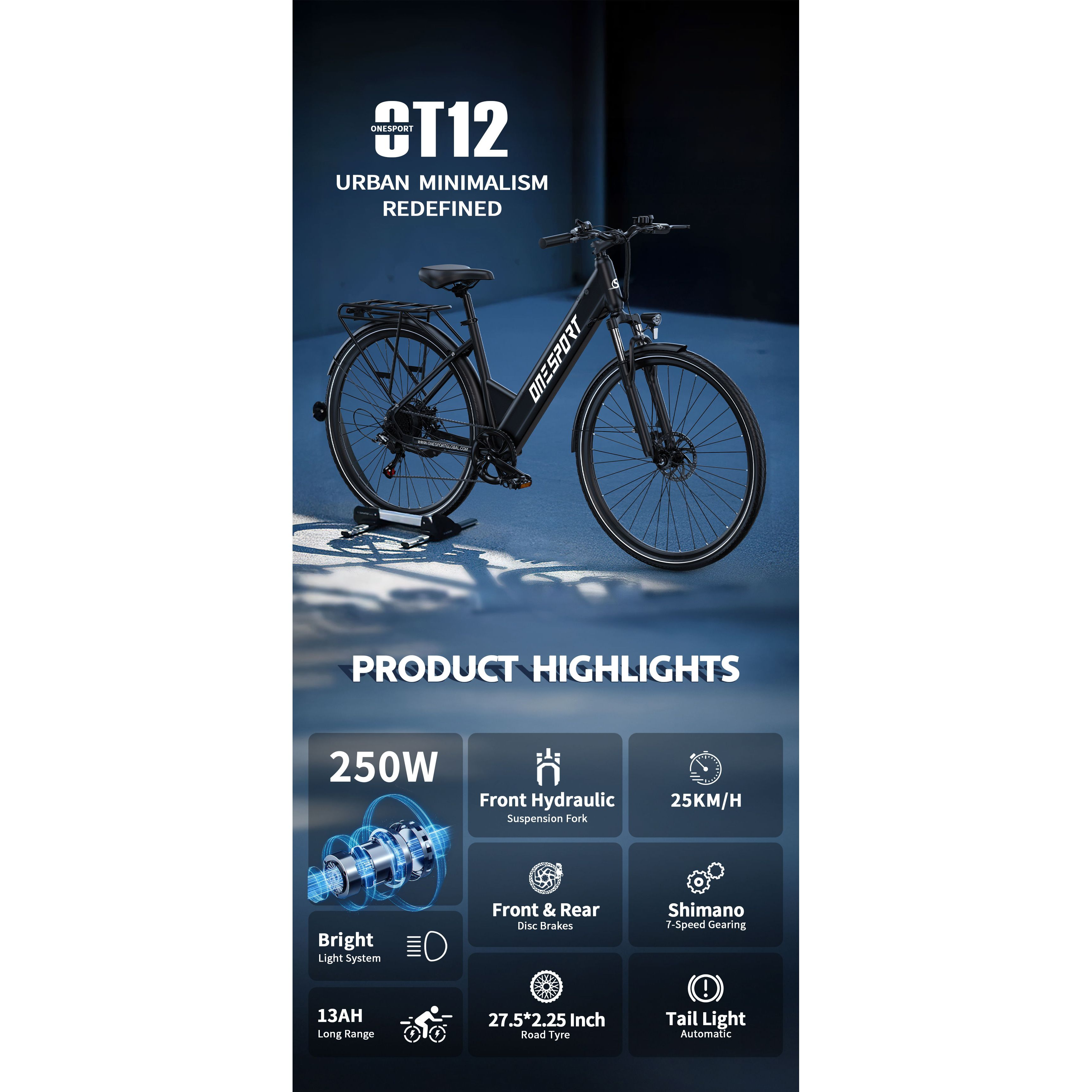 Czarny rower elektryczny z najważniejszymi cechami produktu, w tym silnikiem 250 W, hydraulicznym zawieszeniem przednim i prędkością 25 km/h.