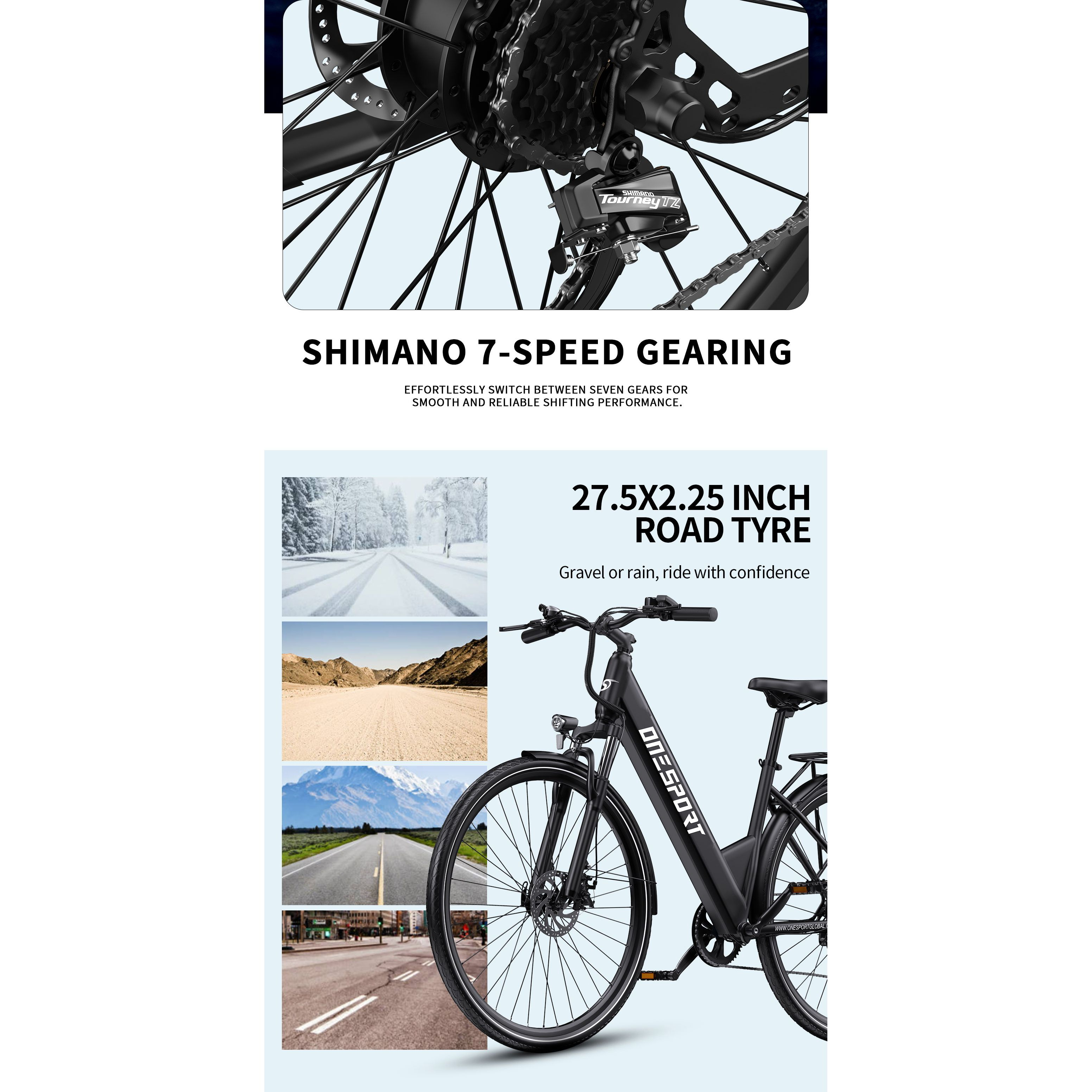 Czarny rower elektryczny z przerzutkami Shimano i oponami 27,5x2,25 cala. Zdjęcia zaśnieżonej drogi, pustyni i ulicy miejskiej.