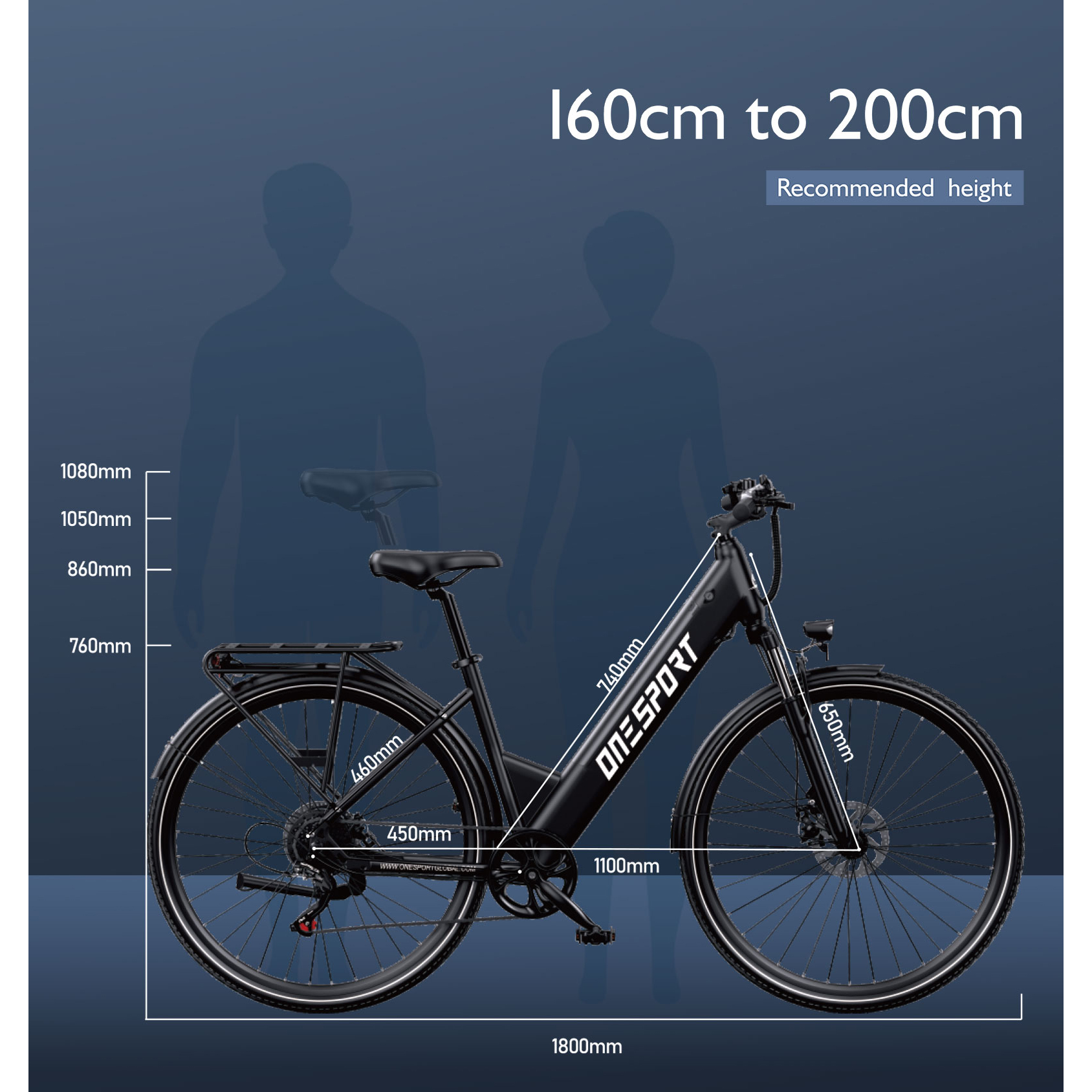 Czarny rower elektryczny z wymiarami. Tekst: 160cm do 200cm, Zalecany wzrost i marka ONESPORT.