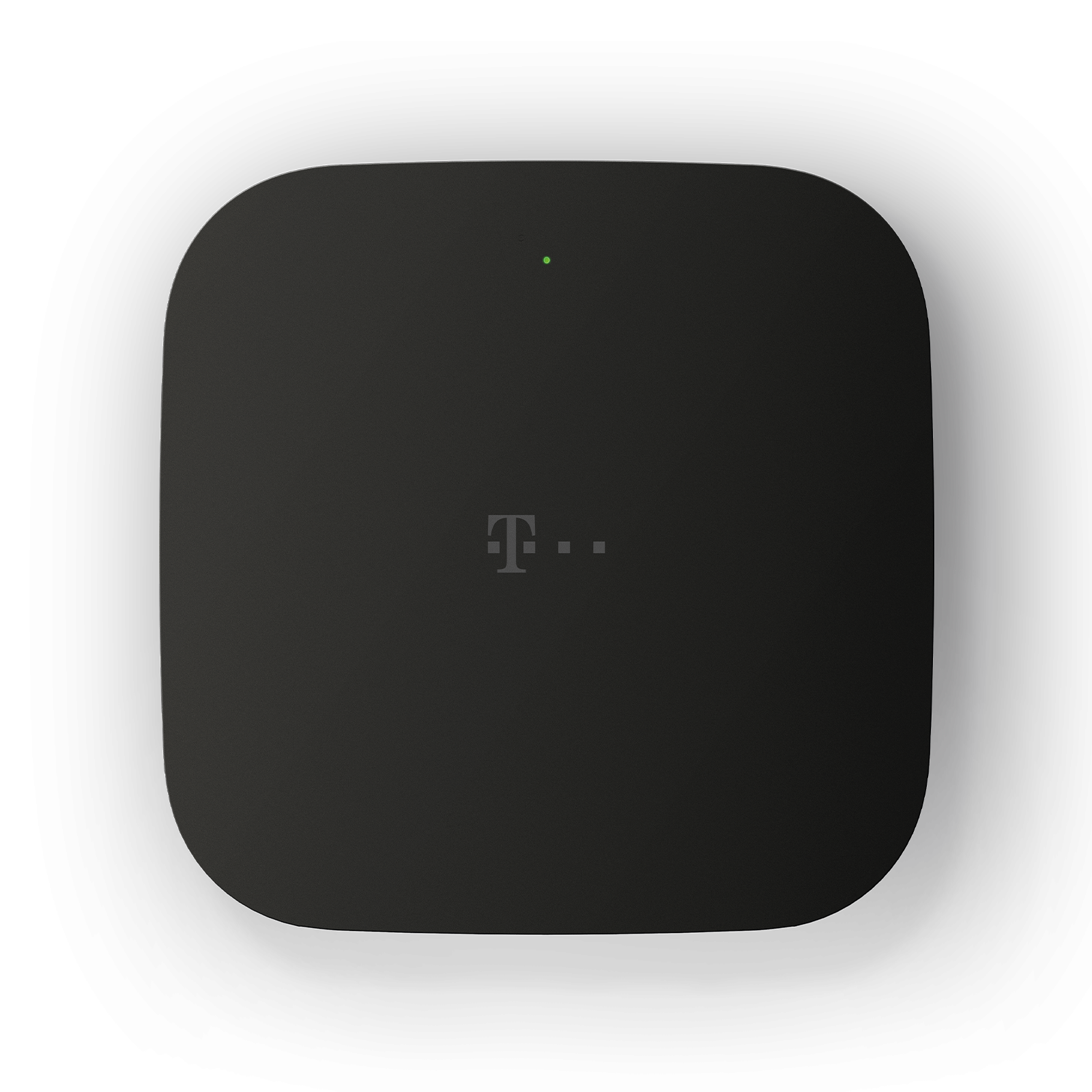 Een donkergrijze vierkante apparaat met afgeronde hoeken. Het heeft een groen lampje en het T-Mobile logo.