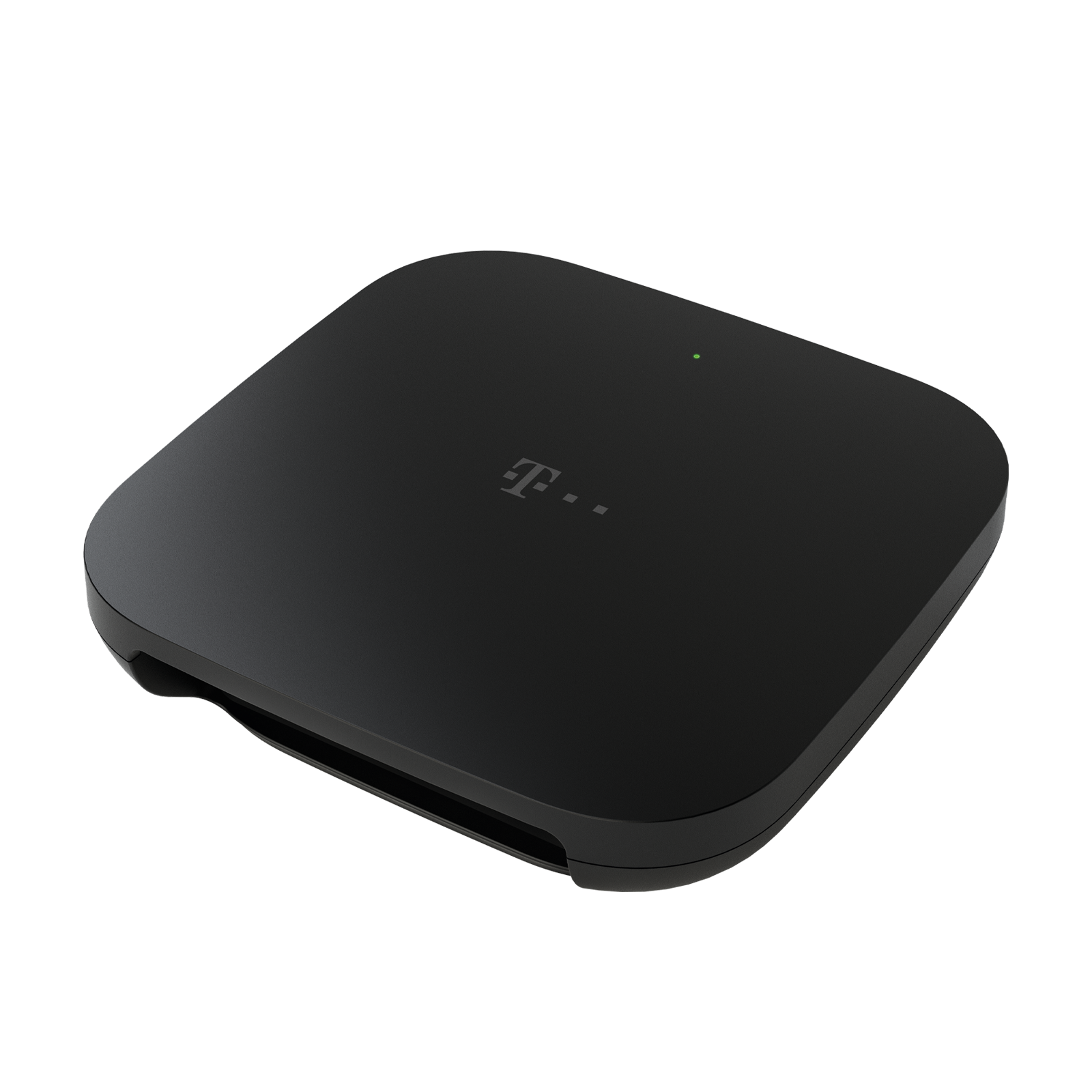 Een zwart T-Mobile-apparaat met een groen lampje bovenop. Het T-Mobile-logo is zichtbaar.