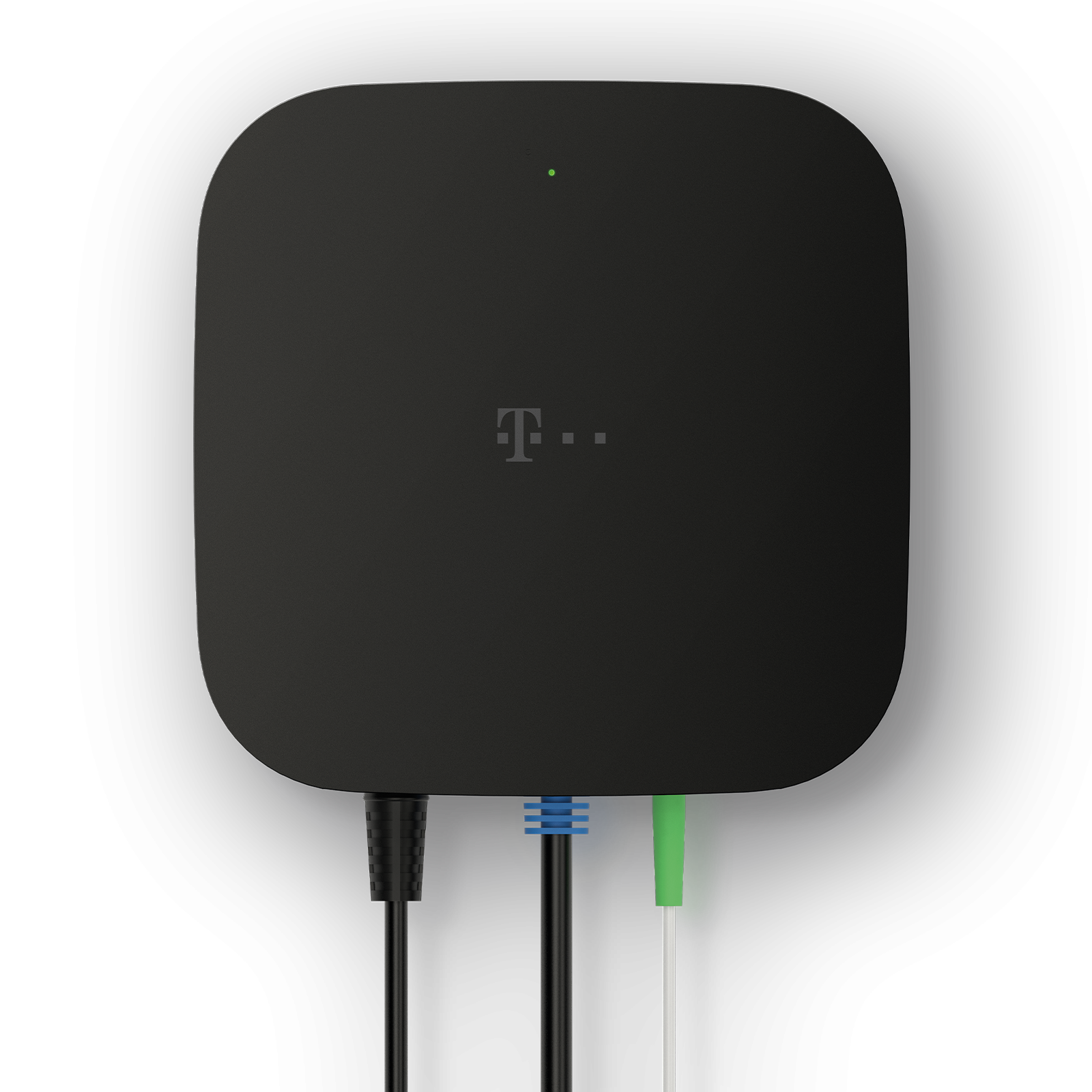 Een zwart T-Mobile-apparaat met kabels. Het apparaat heeft een groen lampje. Kabels zijn zwart, blauw en groen.