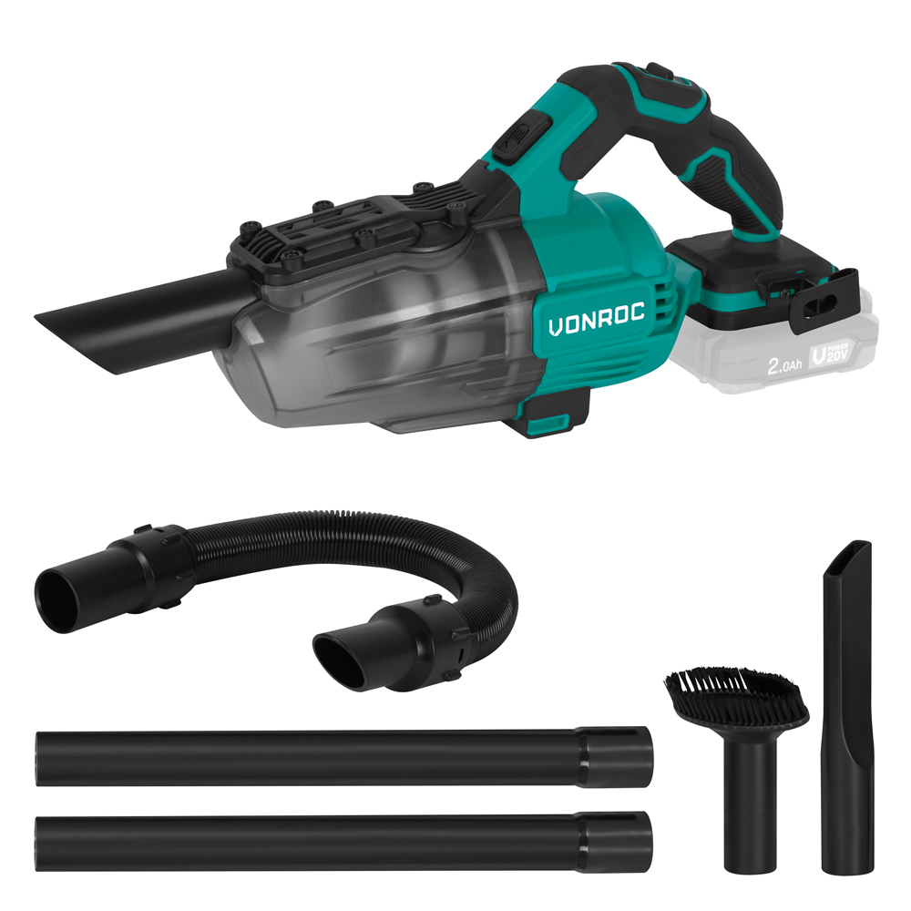 A teal and black VOROC cordless vacuum cleaner with attachments, including a hose, brush, and nozzle, on a white background.