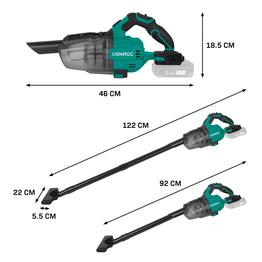 Image shows a teal and black VONROC handheld vacuum cleaner and two configurations with dimensions labeled, including 46cm, 122cm, and 92cm.