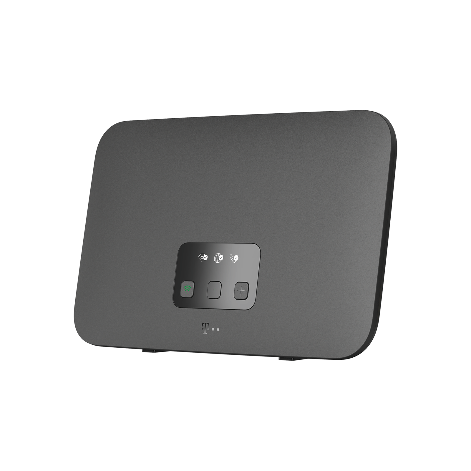 Een grijs rechthoekig apparaat met afgeronde hoeken. Het heeft een paneel met pictogrammen voor wifi, telefoon en wereldbol. Het T-Mobile-logo is zichtbaar.