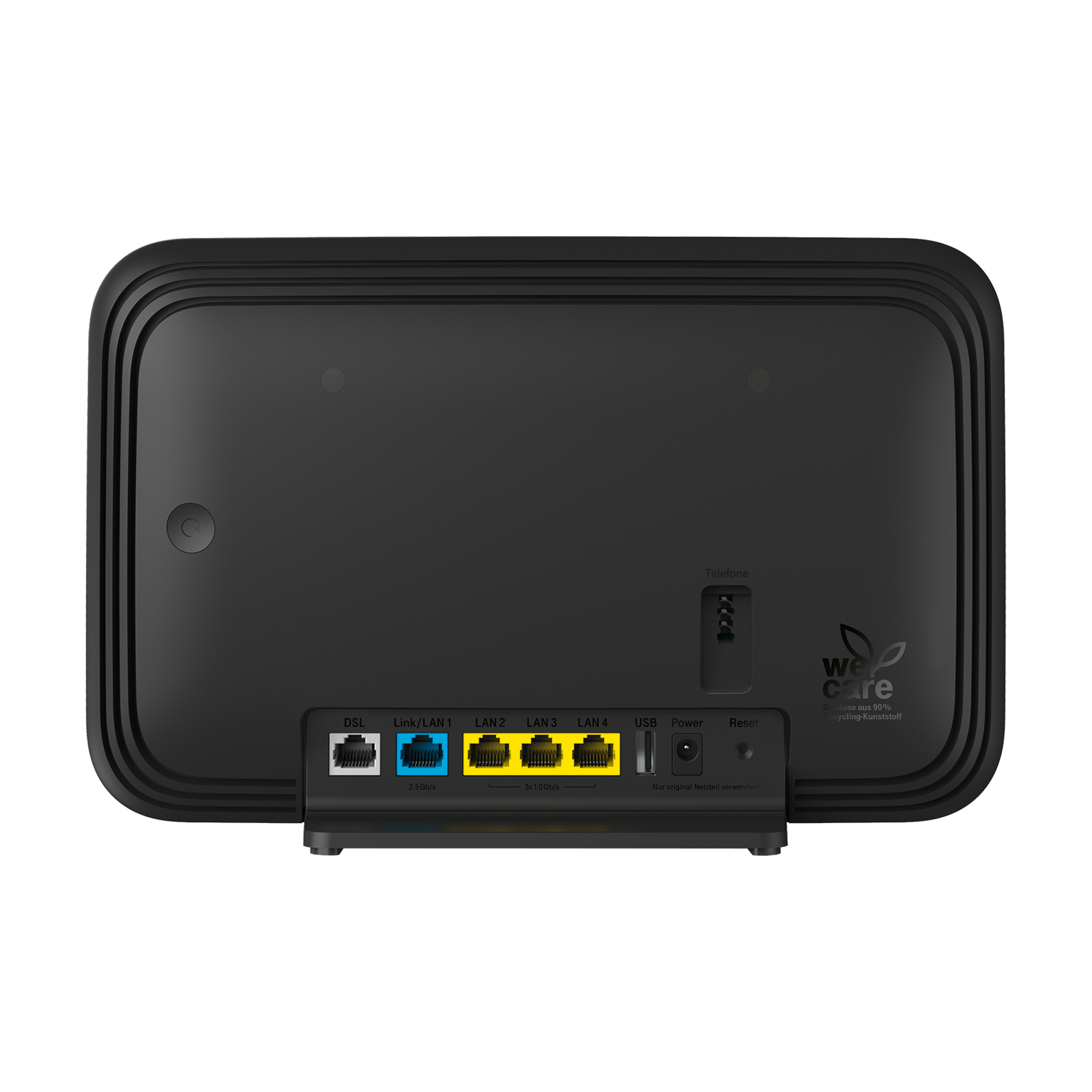 Zwarte router met diverse poorten met de labels DSL, LAN en USB. Er is een aan/uit-knop en een resetknop.