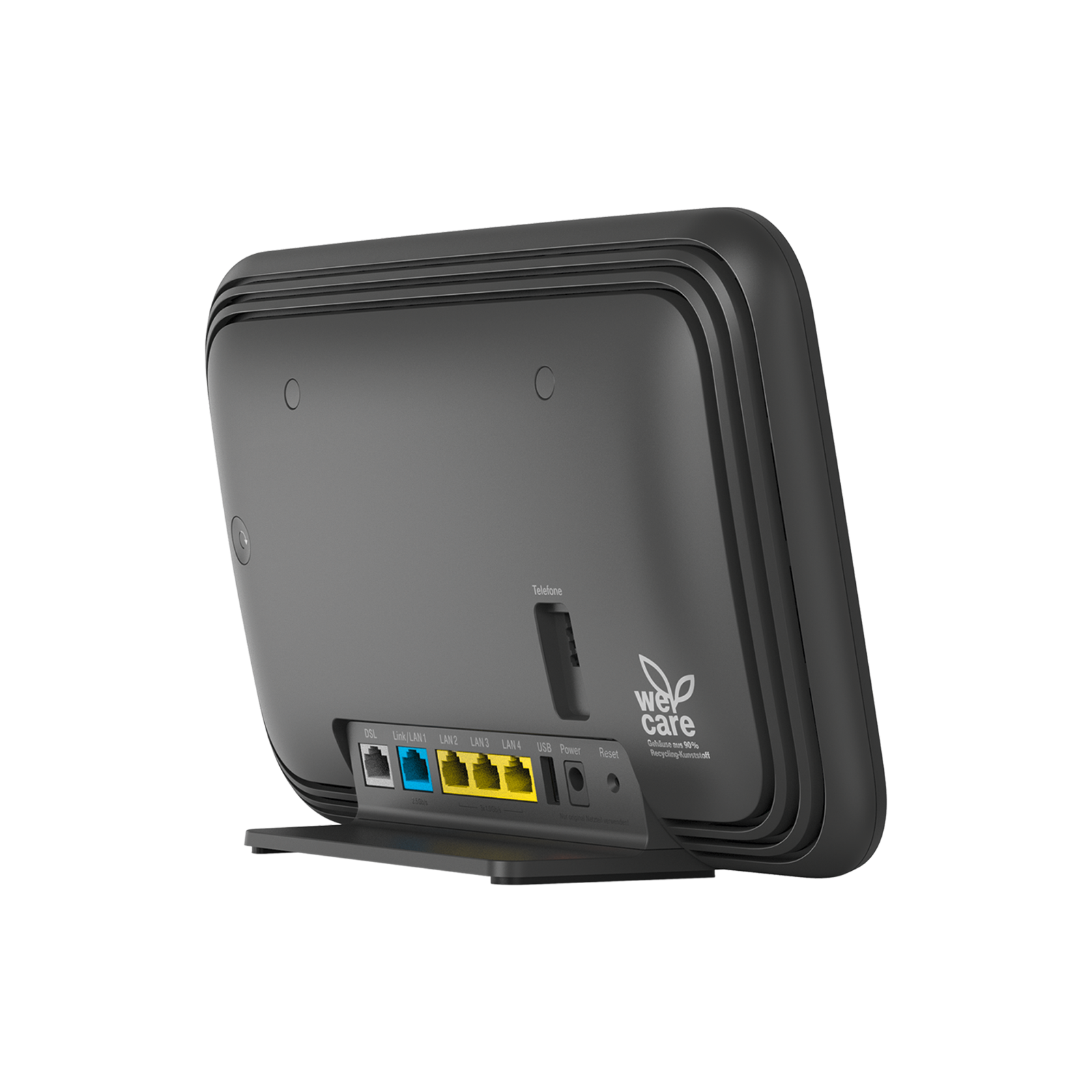 Een donkergrijze modem met poorten, een telefooningang en een 'we care' logo. De modem staat op een witte achtergrond.