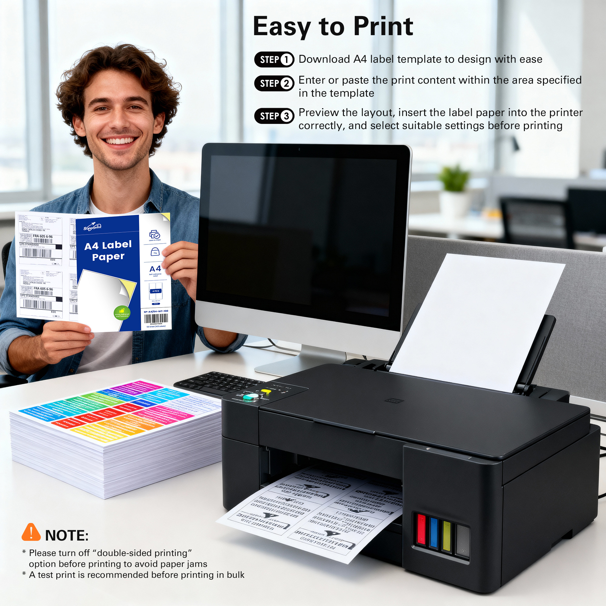 Mann hält Etikettenpapier, Drucker druckt Etiketten. Anweisungen zum Drucken von Etiketten.