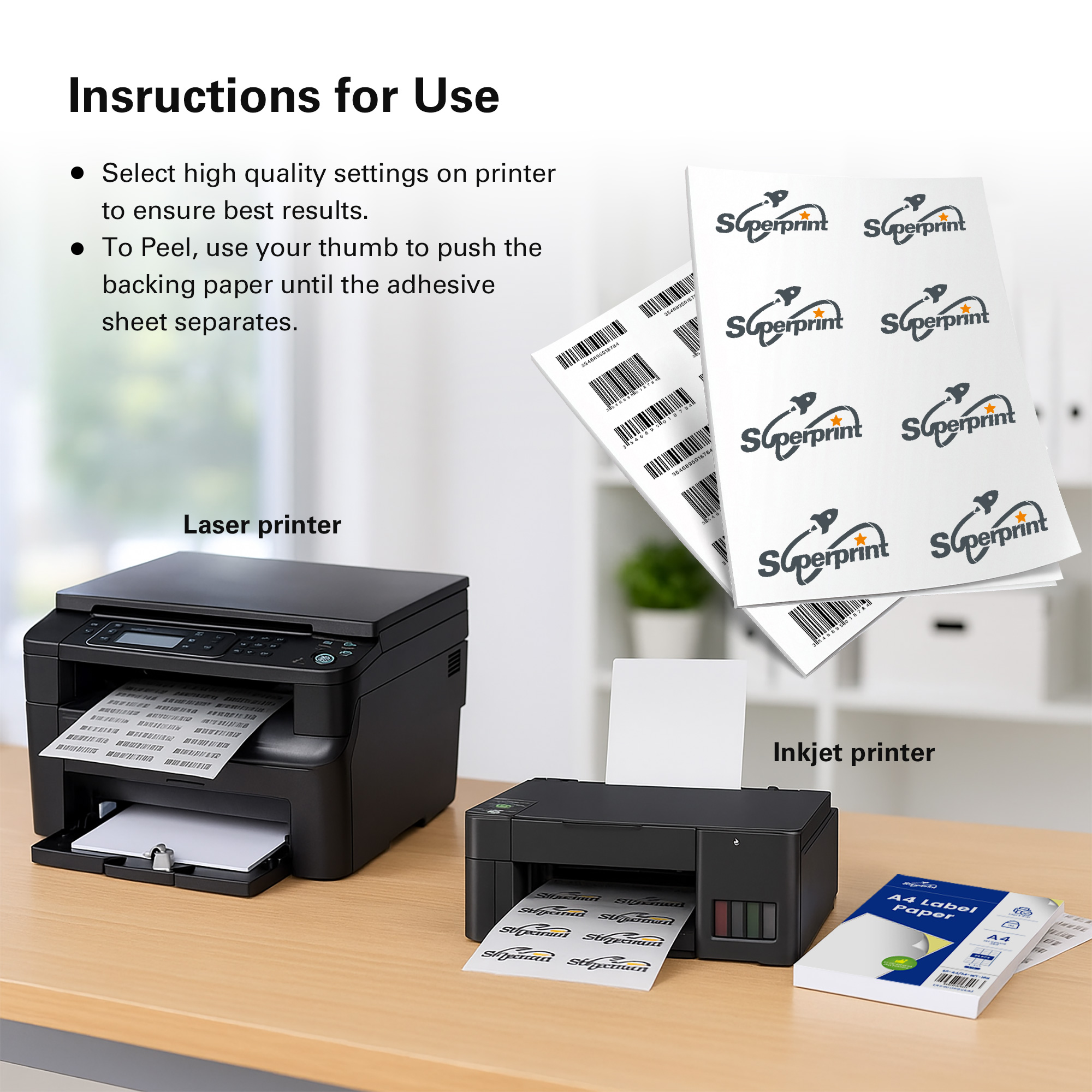 Das Bild zeigt Anweisungen zur Verwendung, einen Laserdrucker, einen Tintenstrahldrucker und Etikettenblätter. Der Text besagt, dass hochwertige Einstellungen gewählt werden sollen.