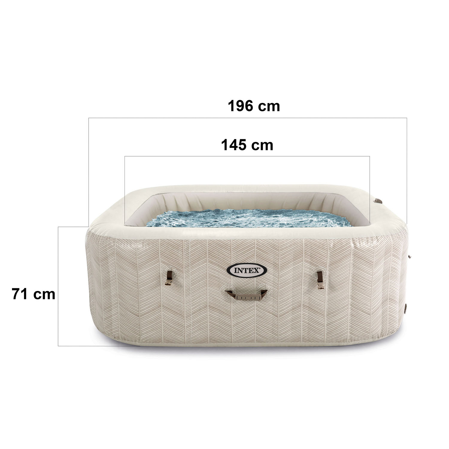 Nadmuchiwana kwadratowa wanna z hydromasażem z wodą w środku. Ma beżowy wzór w jodełkę. Wymiary to 196x145x71 cm. Marka to Intex.