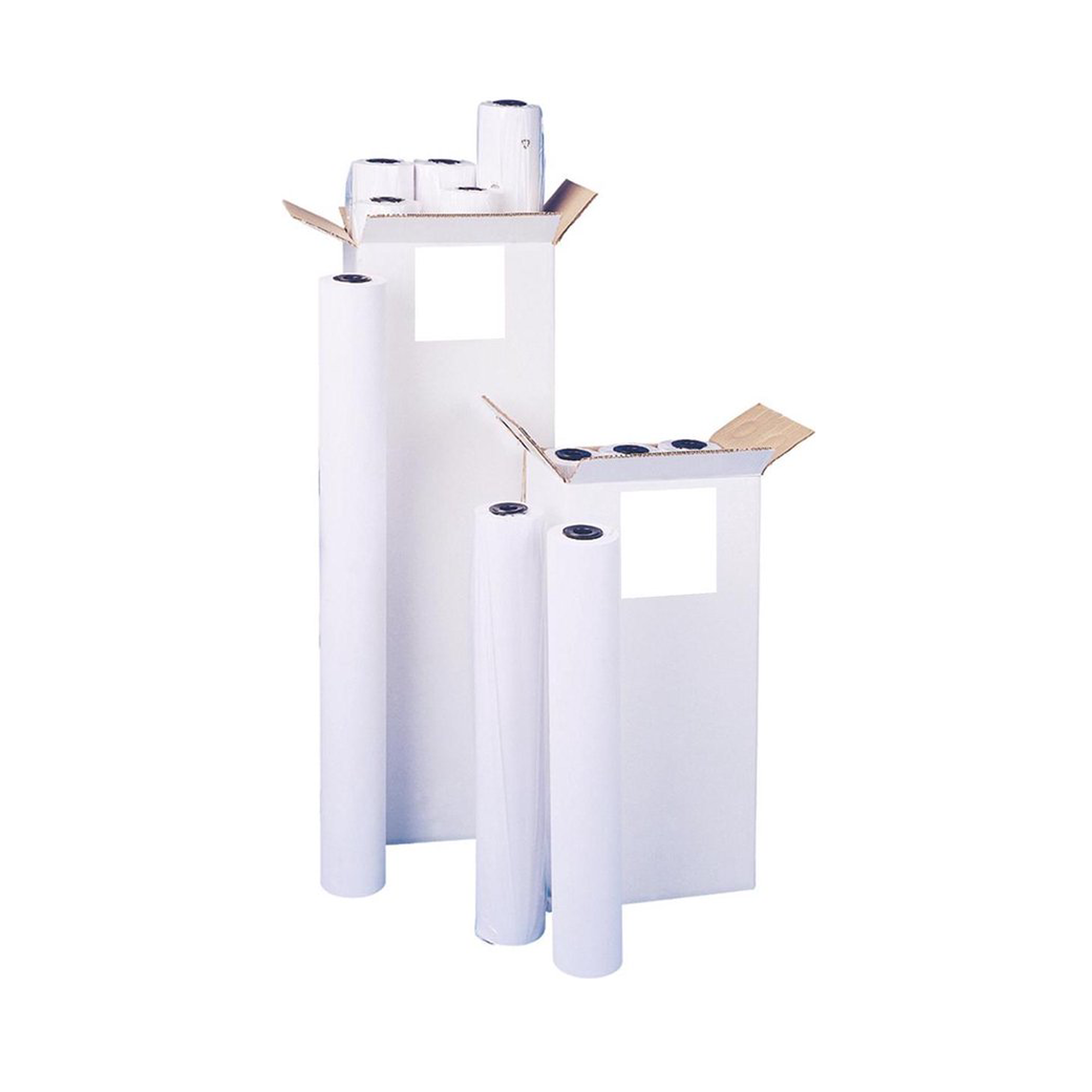 White paper rolls and boxes on a white background. Some rolls are in boxes, others are standing separately.