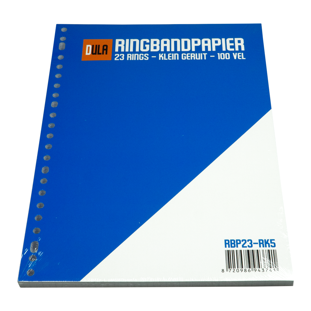 A pack of ring binder paper. Blue and white cover with text: RINGBANDPAPIER. Brand name: DULA. 23 rings, 100 vel.