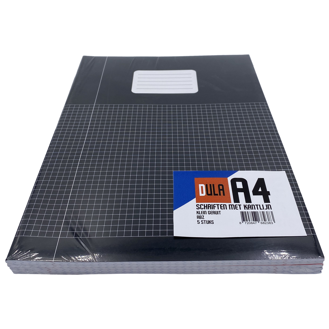 A pack of A4 notebooks. Black cover with grid lines, white label, and a sticker with details. Wrapped in clear plastic.